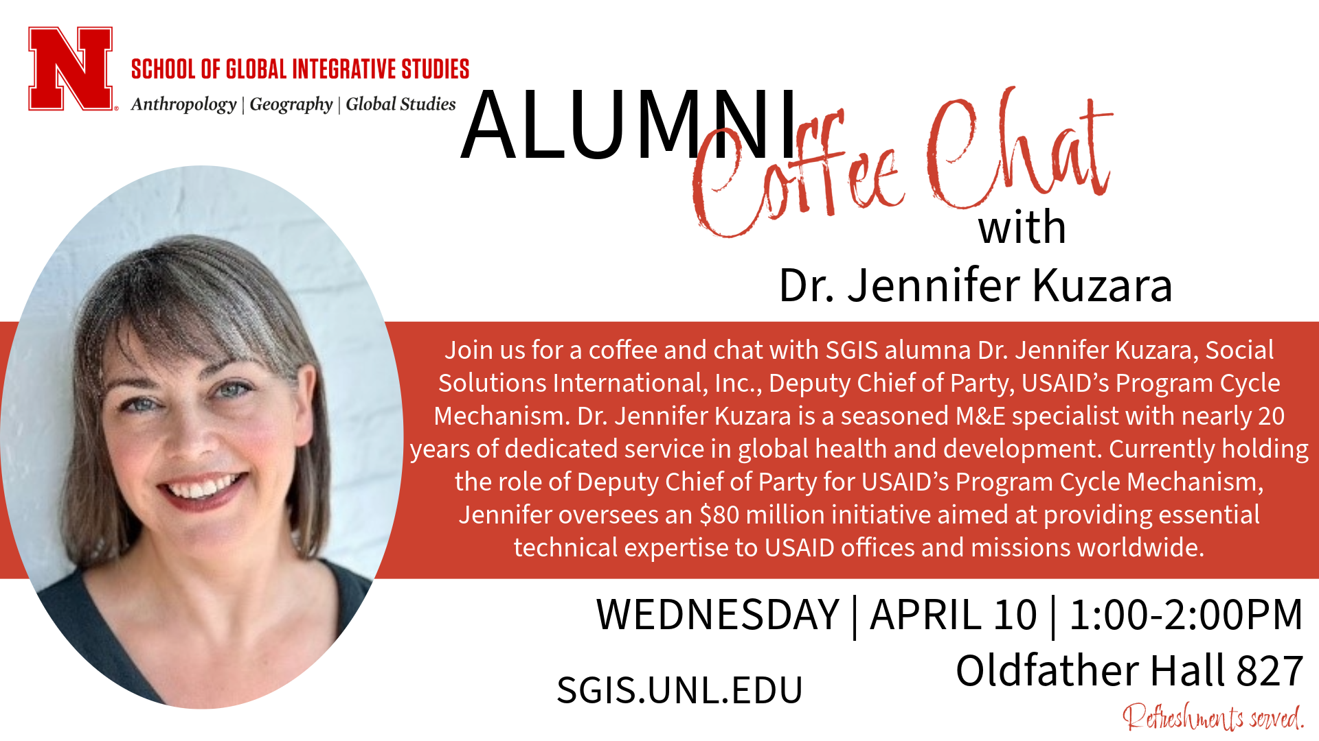 SGIS Alumni Coffee Chat Wednesday 4.10 at 1PM