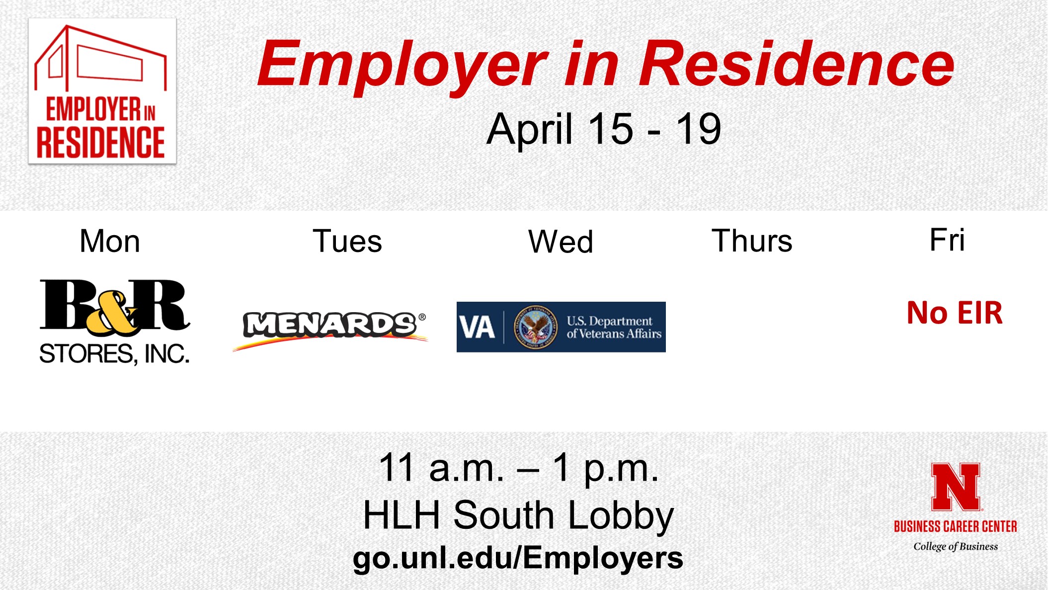 Employer in Residence | Schedule for April 15 - 19