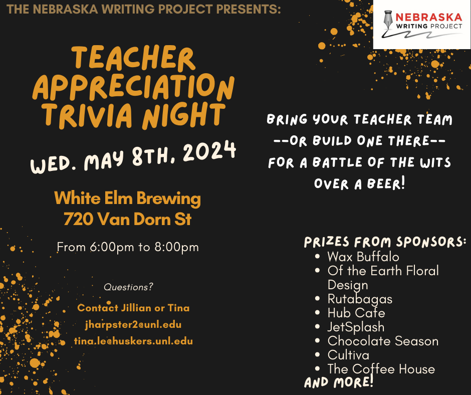 Teacher Appreciation Trivia Night: Wed. May 8th at White Elm Brewing at 720 Van Dorn St.