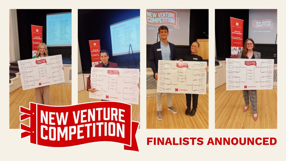 In photo order: Madison Kreifels, Eddie Sicilia, Peyton Peck, Lena Lankas, and Brooke Parrish pose with the 2024 New Venture Competition bracket