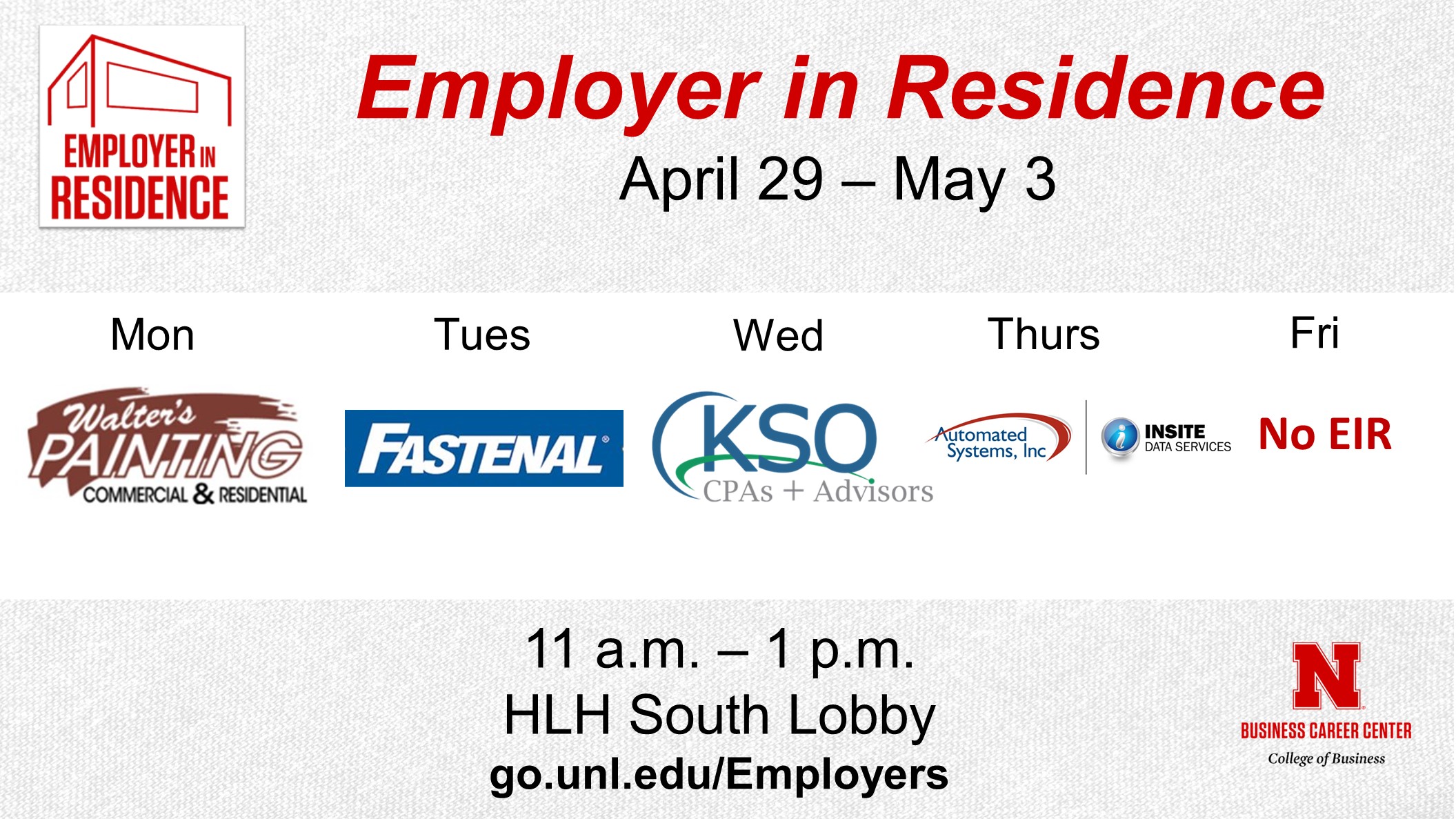 Employer in Residence | Schedule for April 29 - May 3