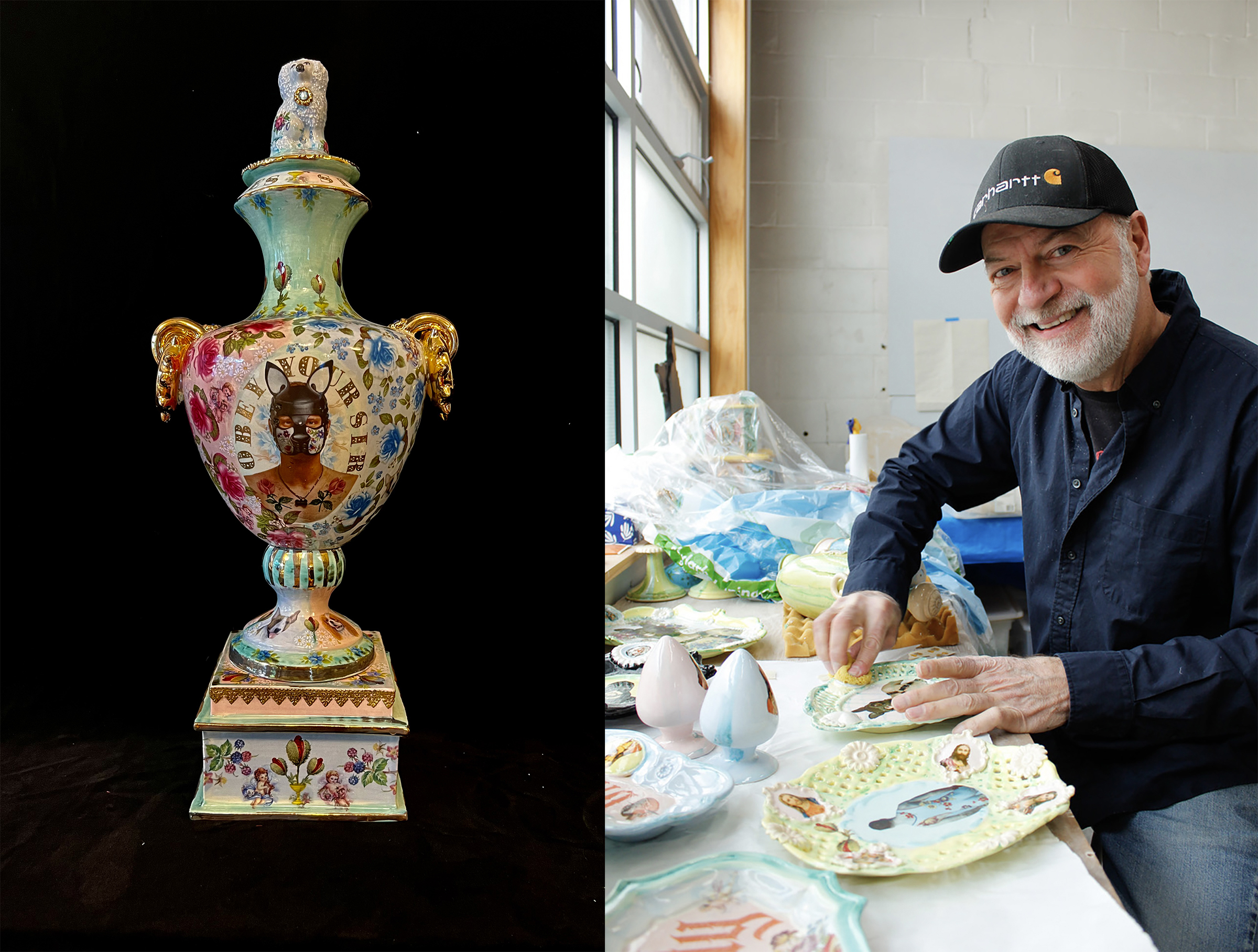 Left: Larry Buller’s “Obey Your Sir.” Courtesy photo. Right: Larry Buller in his studio at Northern Clay Center. Photo by Maia Danks, NCC.