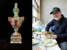 Left: Larry Buller’s “Obey Your Sir.” Courtesy photo. Right: Larry Buller in his studio at Northern Clay Center. Photo by Maia Danks, NCC.