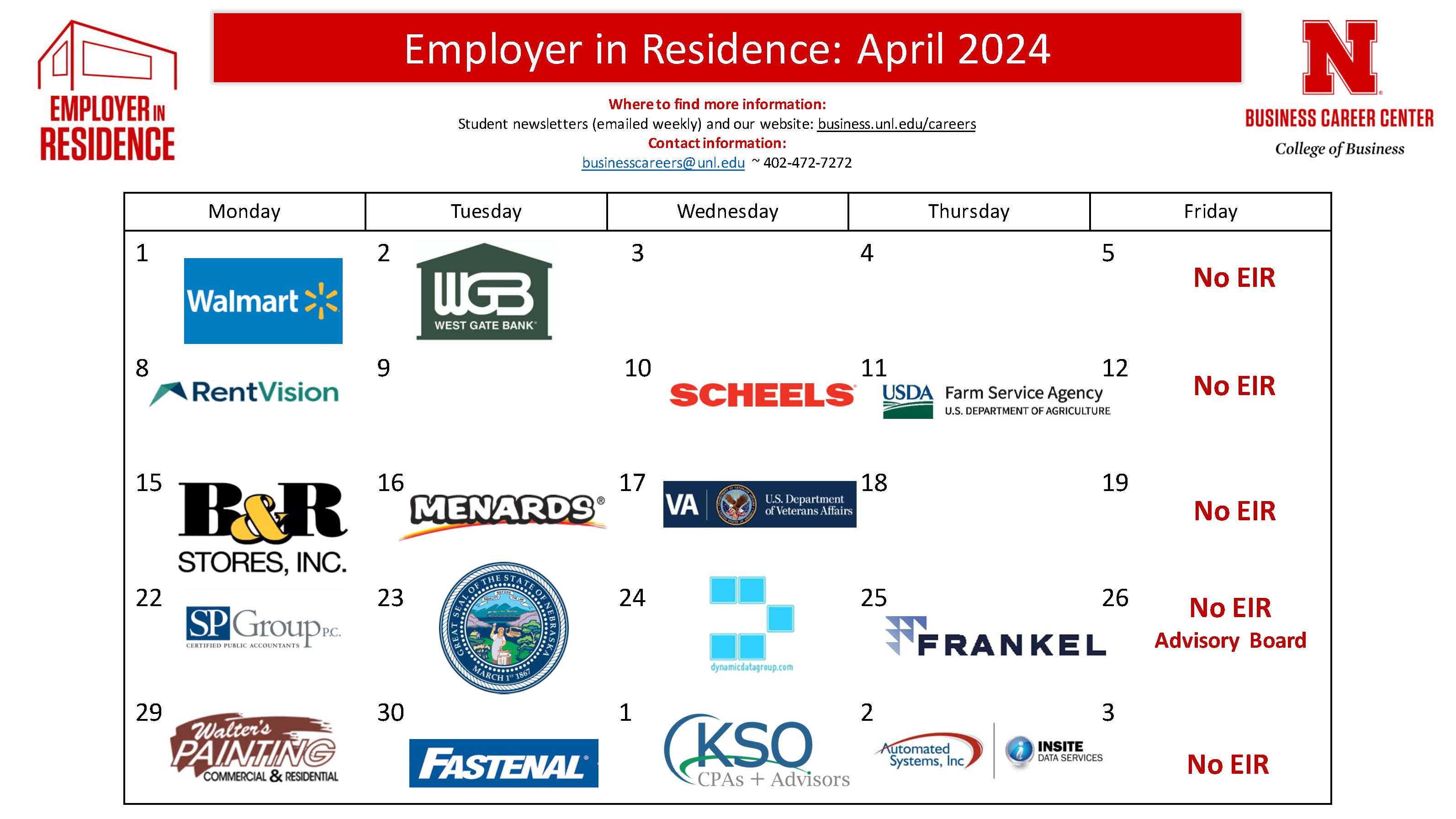 Employer in Residence | Calendar for April / May 2024