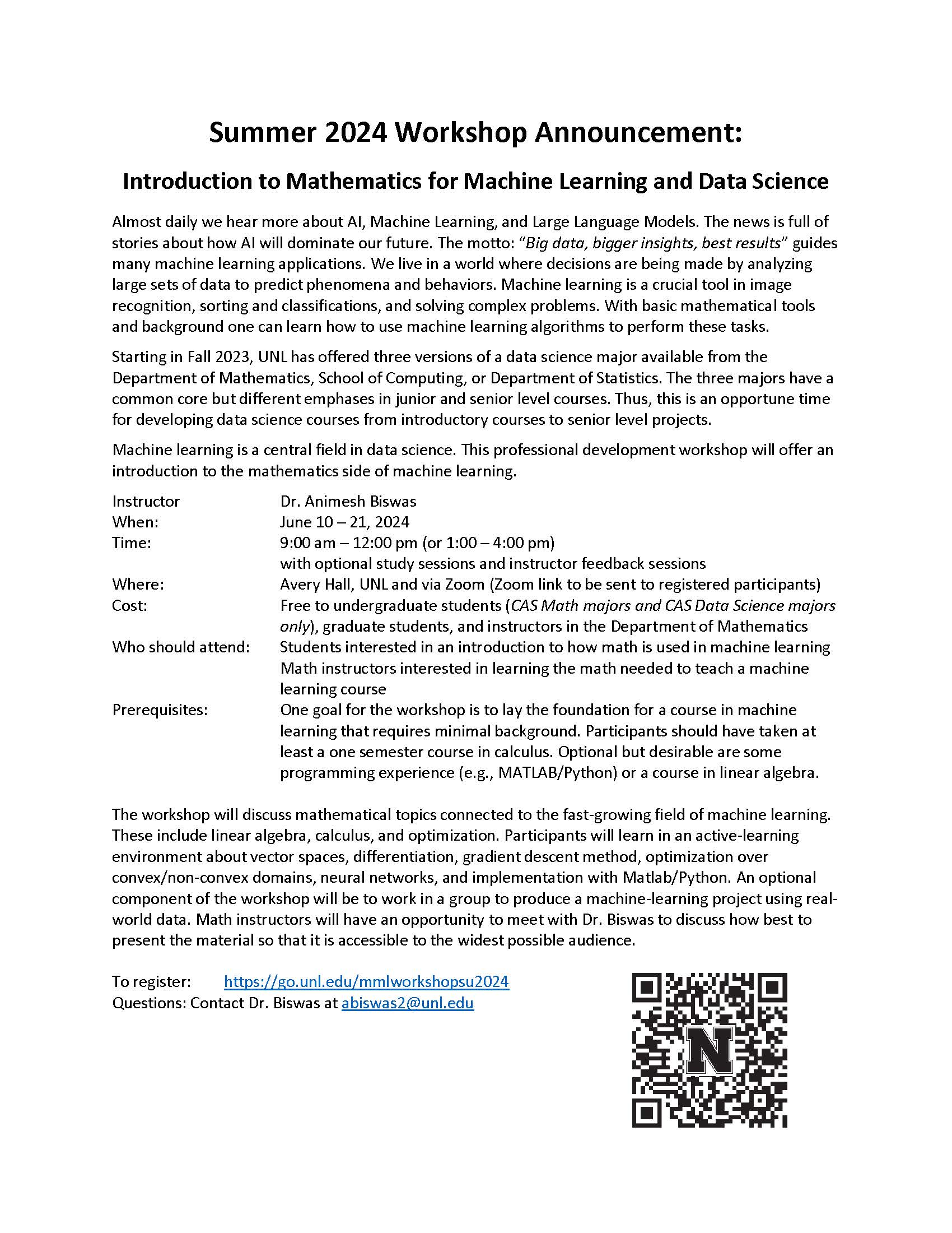 Summer 2024 Workshop: Introduction to Mathematics for Machine Learning and Data Science