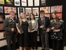 School of Art, Art History & Design ADDY winners (left to right): Keegan Towey, Shaydan Bayless, Fatima Al-Jayashi, Joe Warren and Ava Schicke.