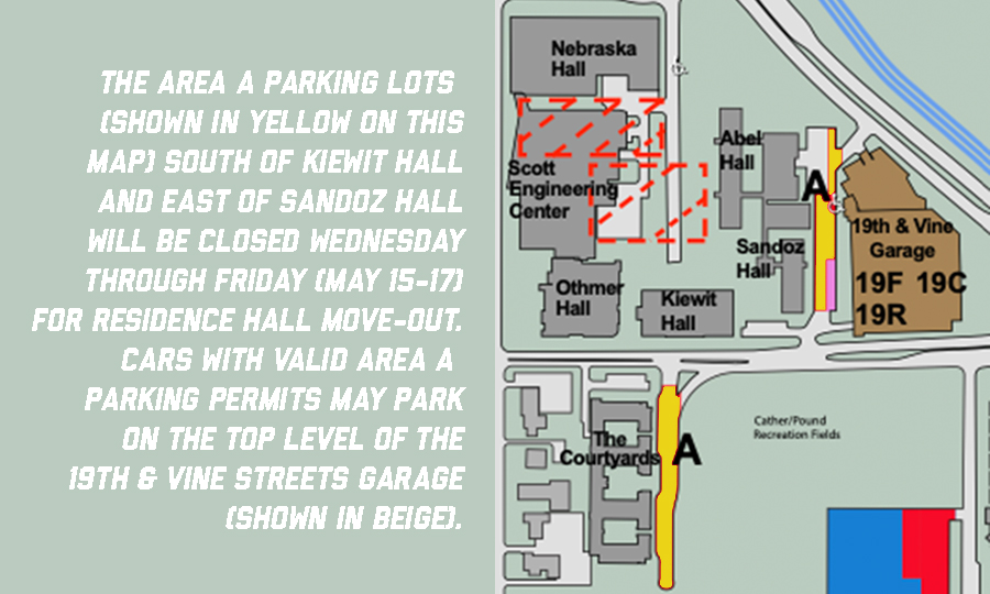 Area A lots to close Wednesday-Friday for residence hall move-out.