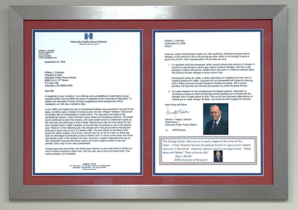 Framed Darrell Nelson letter displayed in the Energy Center conference room
