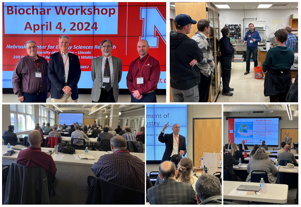 Top Left: Roman Estrada, NPPD; Alan Dostal, NPPD; Dr. George Gogos, NCESR; Jedd Fischer, NPPD; Top Right: Lab Tour; Bottom Left: Workshop Participants; Bottom Center: Dr. Robert Brown presenting; Bottom Right: Dr. Gogos facilitating Q & A