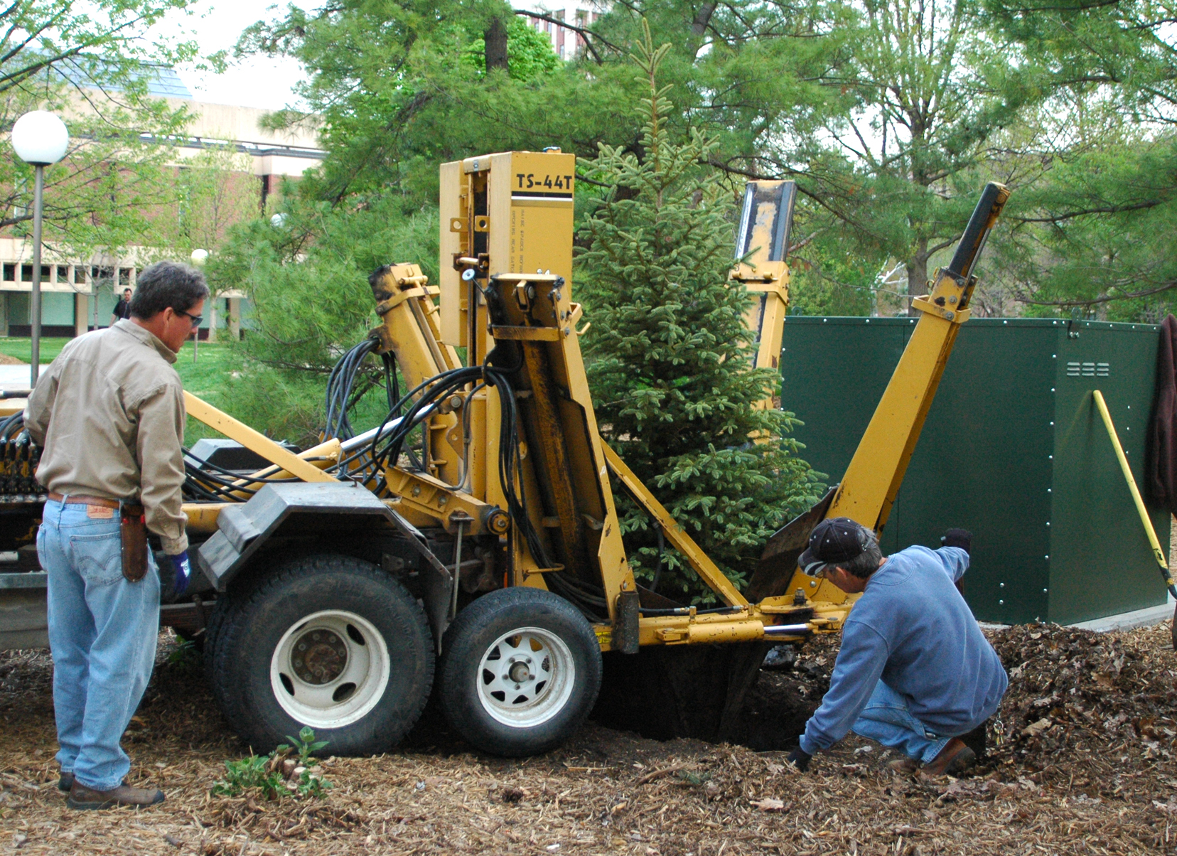 Landscape Services employees replant a tree from Antelope Valley to City Campus on April 3. UNL has placed more than 25 of the trees at sites across campus. (Photo by Troy Fedderson, University Communications)