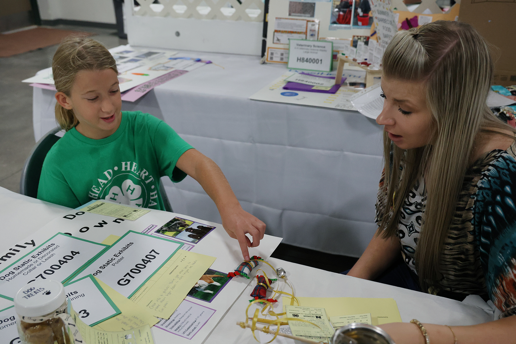 A 4-H'er talking to a judge about her general area project at the 2023 Lancaster County Super Fair
