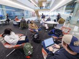 Students sit in a study area in Kiewit Hall on Jan. 22 — the first day of classes in the new engineering building. 
