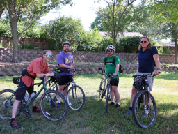 From left: SNR doctoral student Daniel Gschwentner, Lincoln physical therapist assistant Nick Armentrout, university IT systems administrator Tim Steiner and Great Plains CESU director Paul Hanson geared up for the Nacho Ride. Image by Alexandra Coffelt.