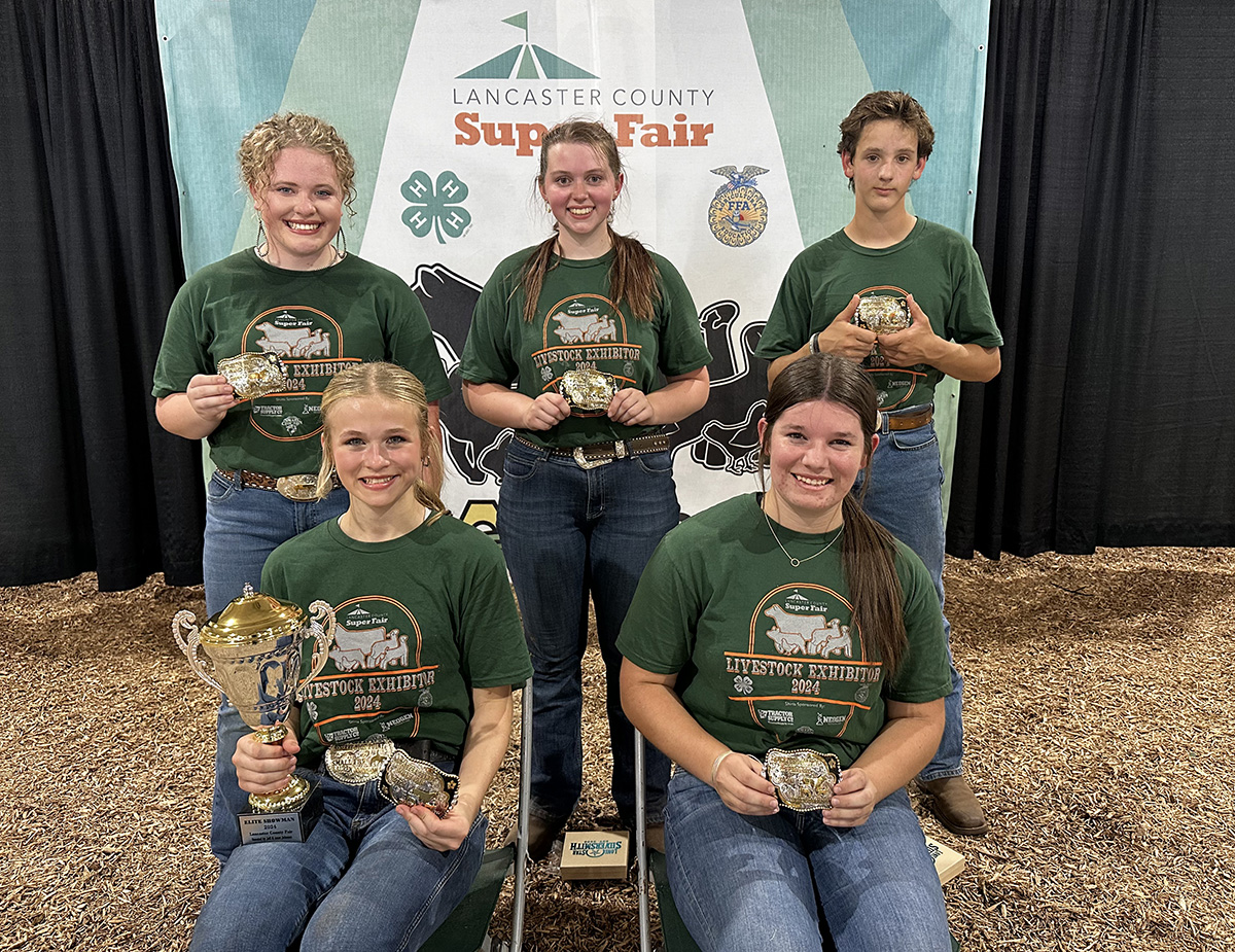 Livestock Elite Showmanship — (front L–R) Josie Johnson, Lexi McCaffree (back L–R) Olivia Vanderford, Emberlin Johnson, Ezra Kubicek