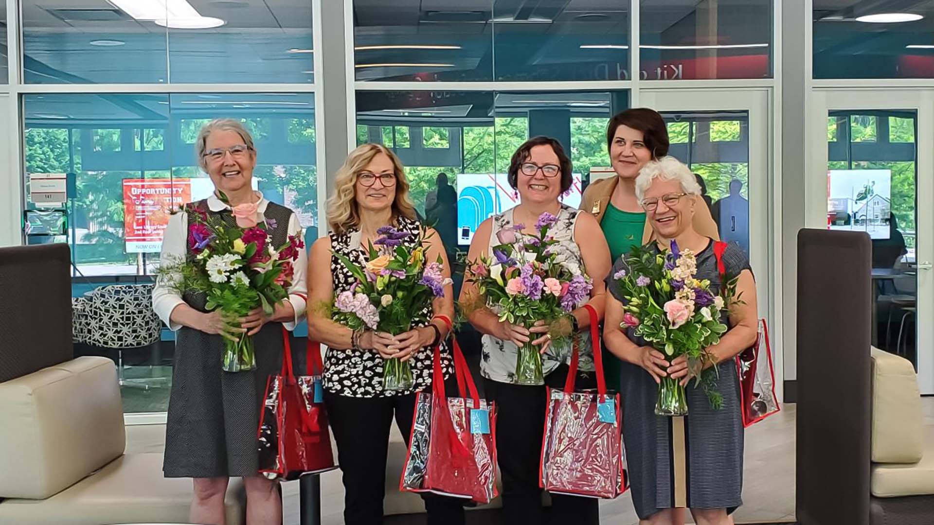 Judy Diamond, Joan Konecky, Dana Boden, Liz Lorang, dean of Librararies, and Anita Breckbill at the retirement reception.