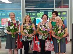 Judy Diamond, Joan Konecky, Dana Boden, Liz Lorang, dean of Librararies, and Anita Breckbill at the retirement reception.