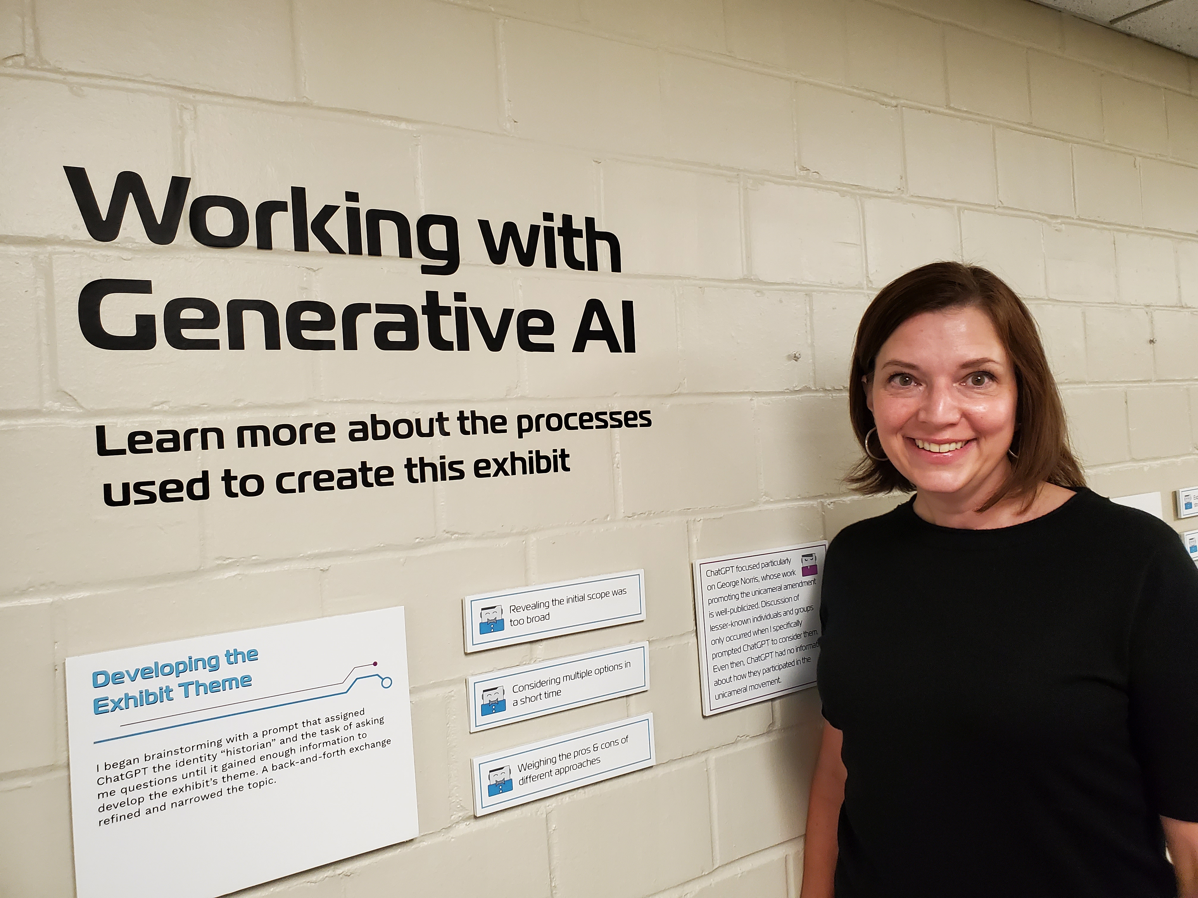 Traci Robison, Outreach Archivist, tested AI's ability to assist her with the creation of an exhibit. See the results in Love Library outside of the Archives & Special Collections. 