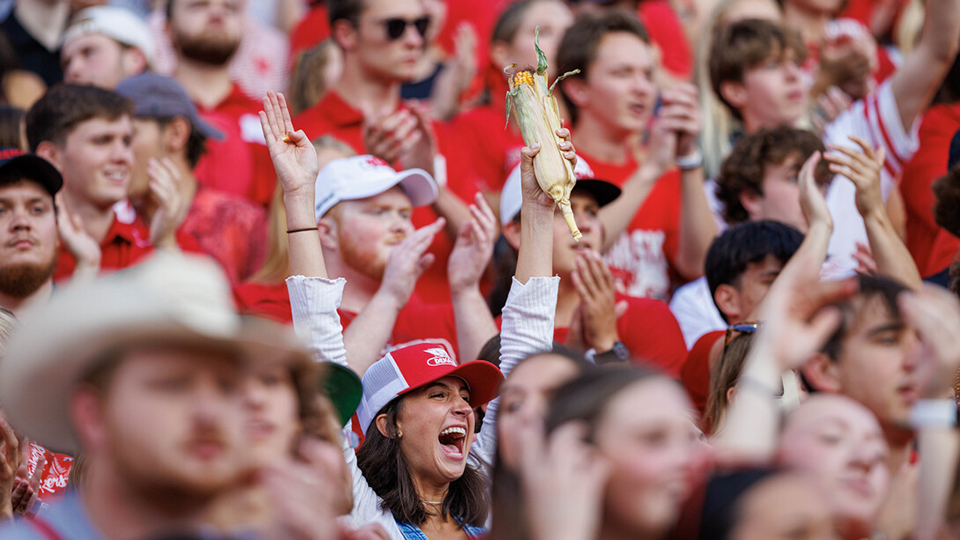 Husker fan Maggie Norris cheers during the first half of the Nebraska-Northern Illinois football game Sept. 16, 2023, at Memorial Stadium. [ Craig Chandler | University Communication and Marketing]