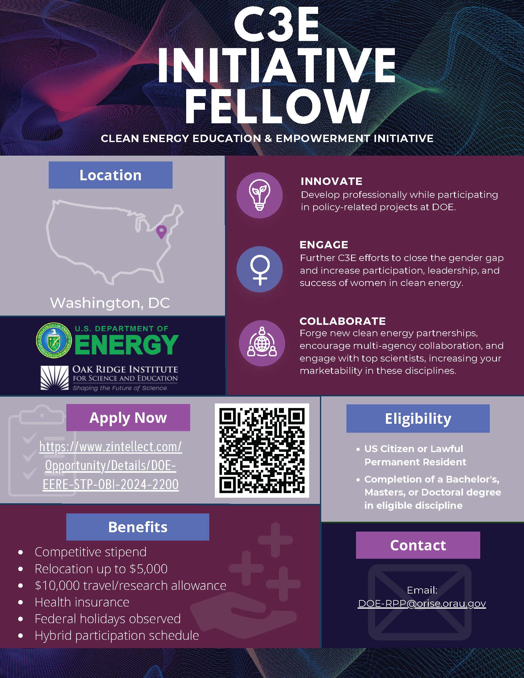 Apply Today!  Women in Clean Energy, Education, and Empowerment (C3E) Initiative Fellow: U.S. Department of Energy