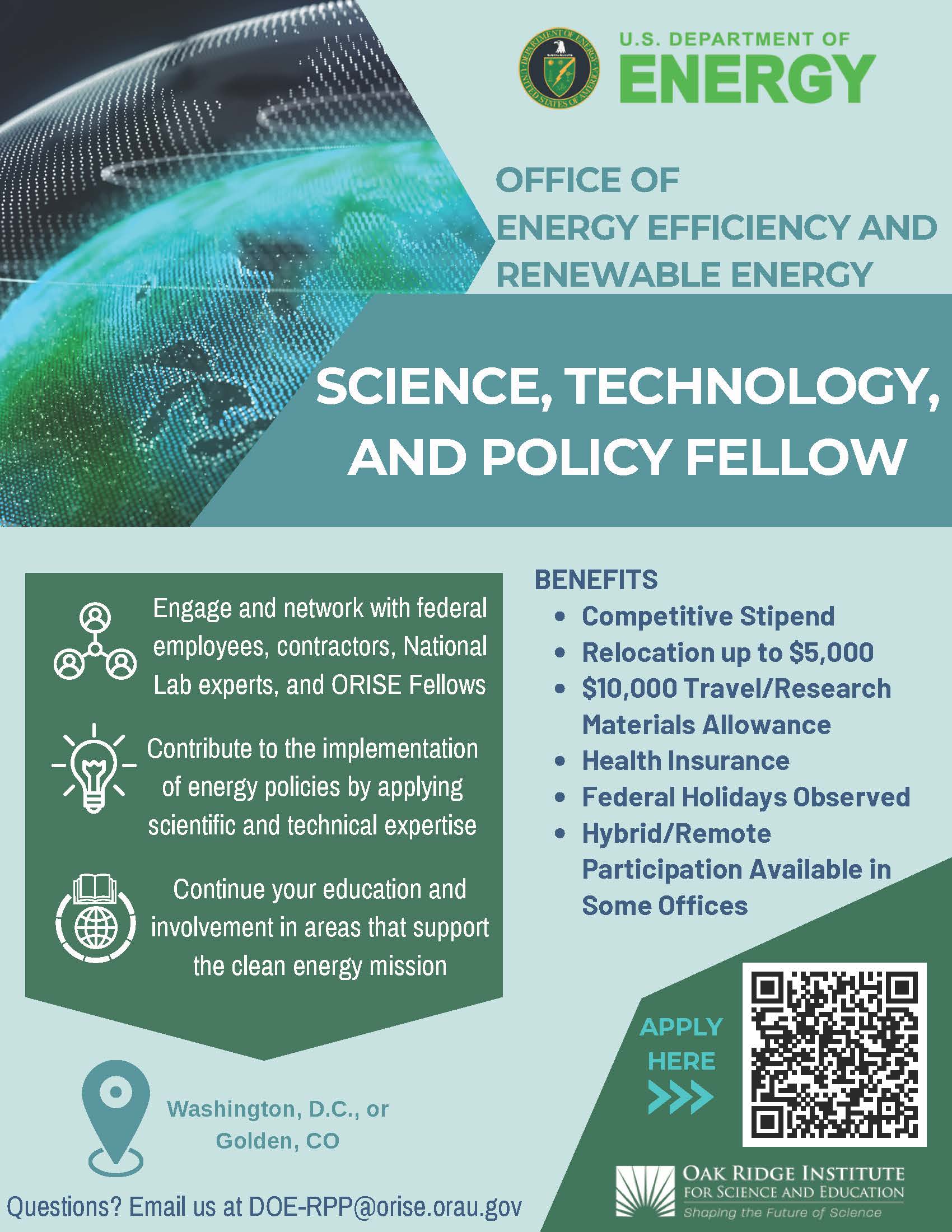 Apply Today!  Energy Efficiency and Renewable Energy (EERE) Science, Technology and Policy Fellow: U.S. Department of Energy