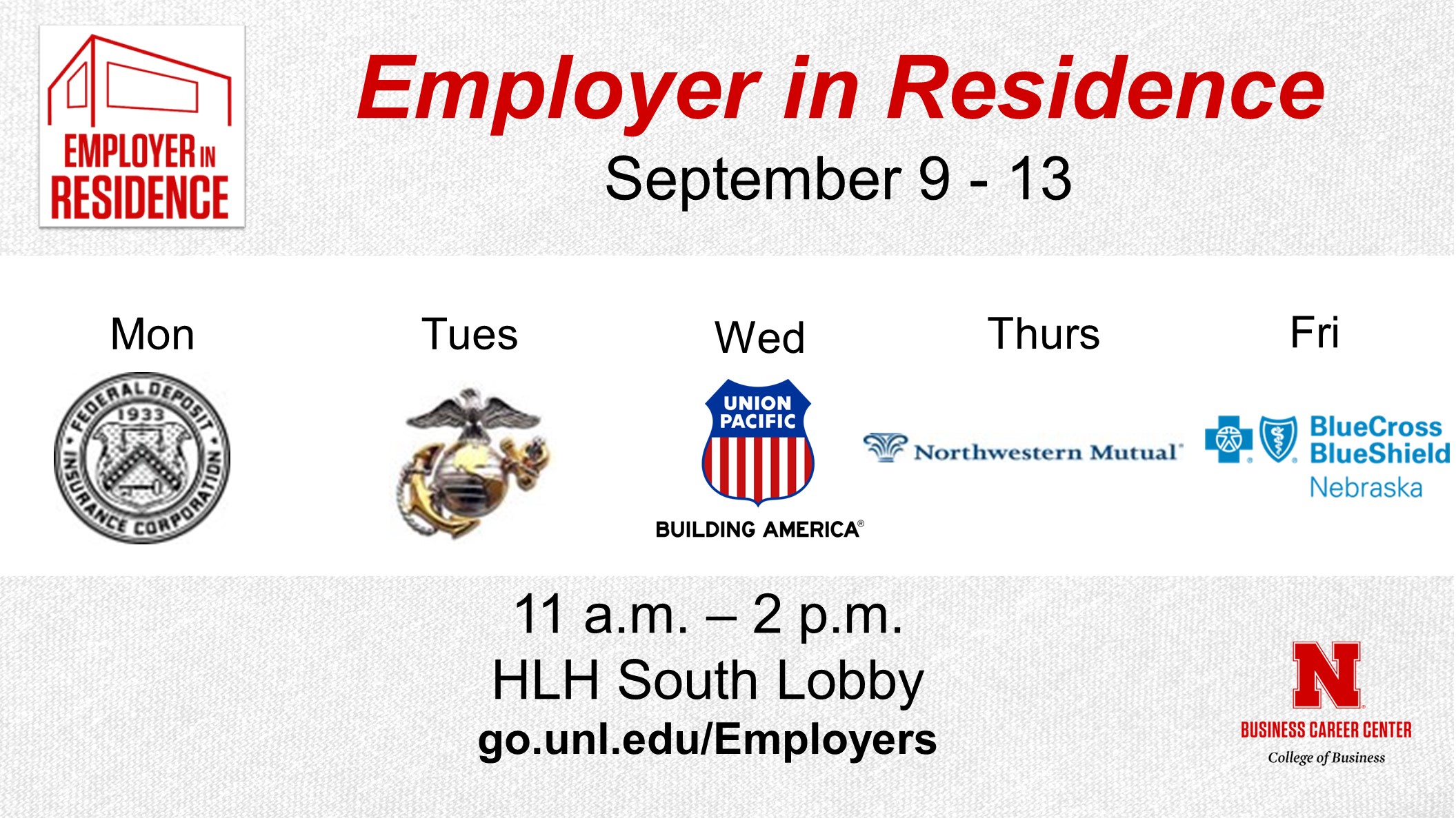 Employer in Residence | Schedule for September 9 - 13