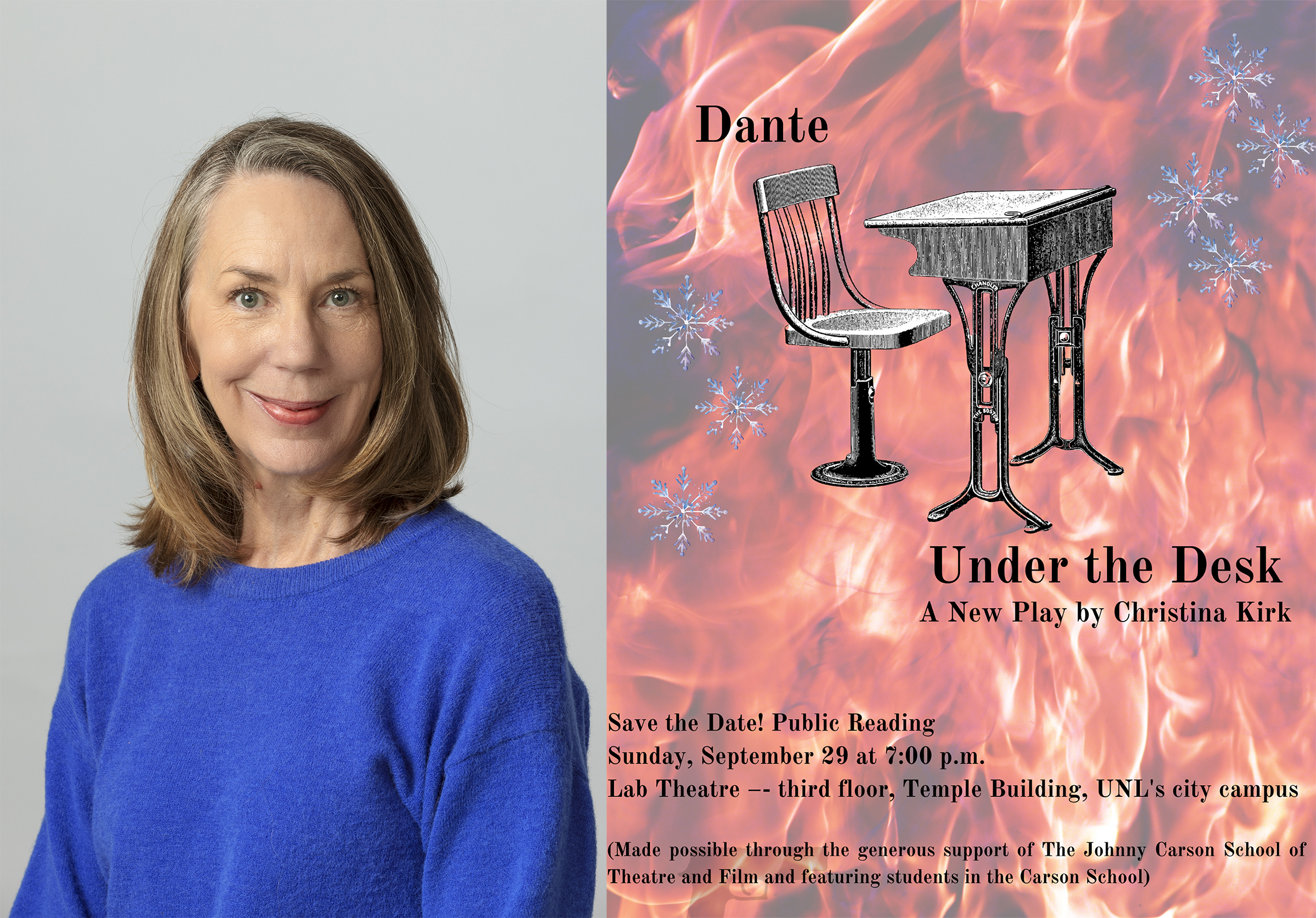 Left: Christina Kirk. Right: "Dante Under the Desk," a new play by Kirk, will have a public reading on Sept. 29 at 7 p.m. in the Lab Theatre.