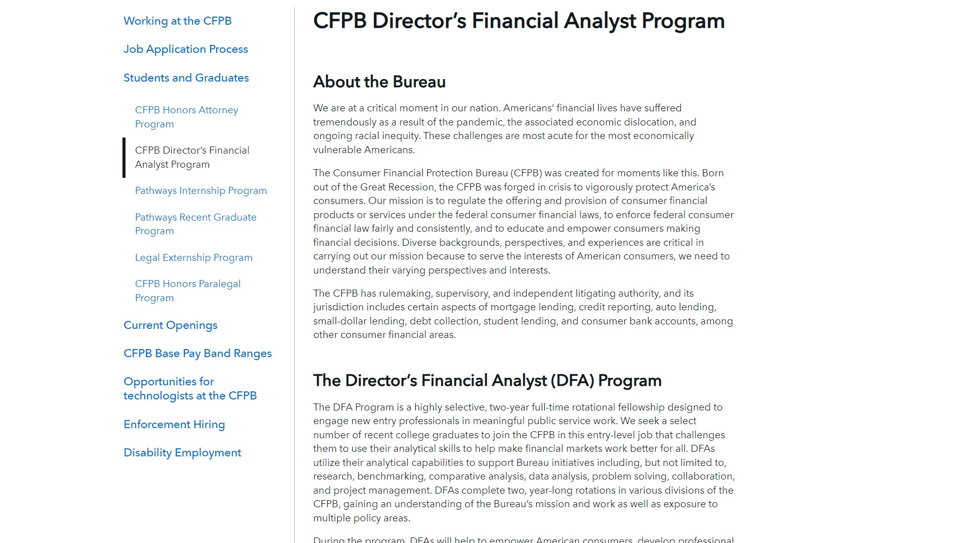 Consumer Financial Protection Bureau (CFPB) Director's Financial Analyst (DFA) Program