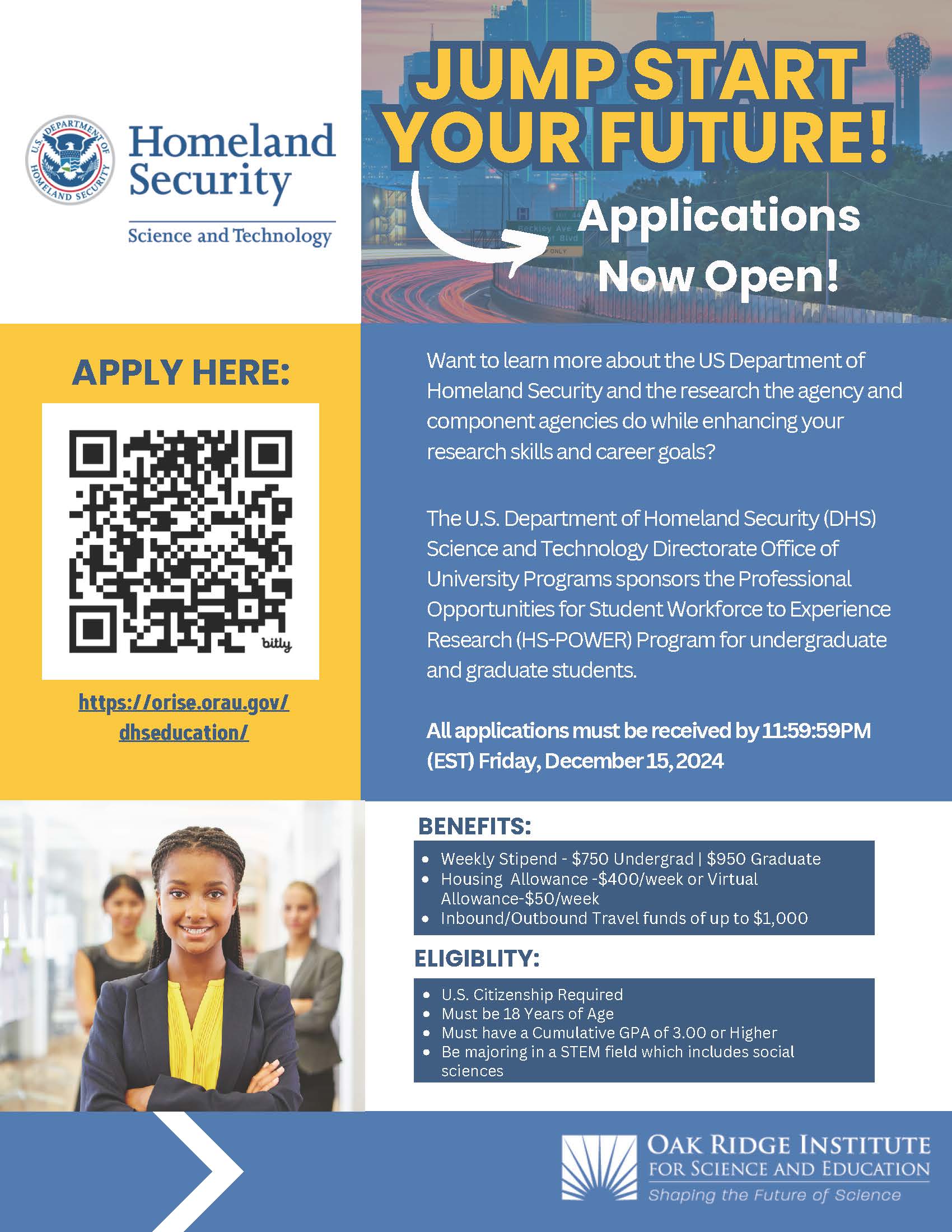 Homeland Security Professional Opportunities for Student Workforce to Experience Research (HS-POWER) 2025