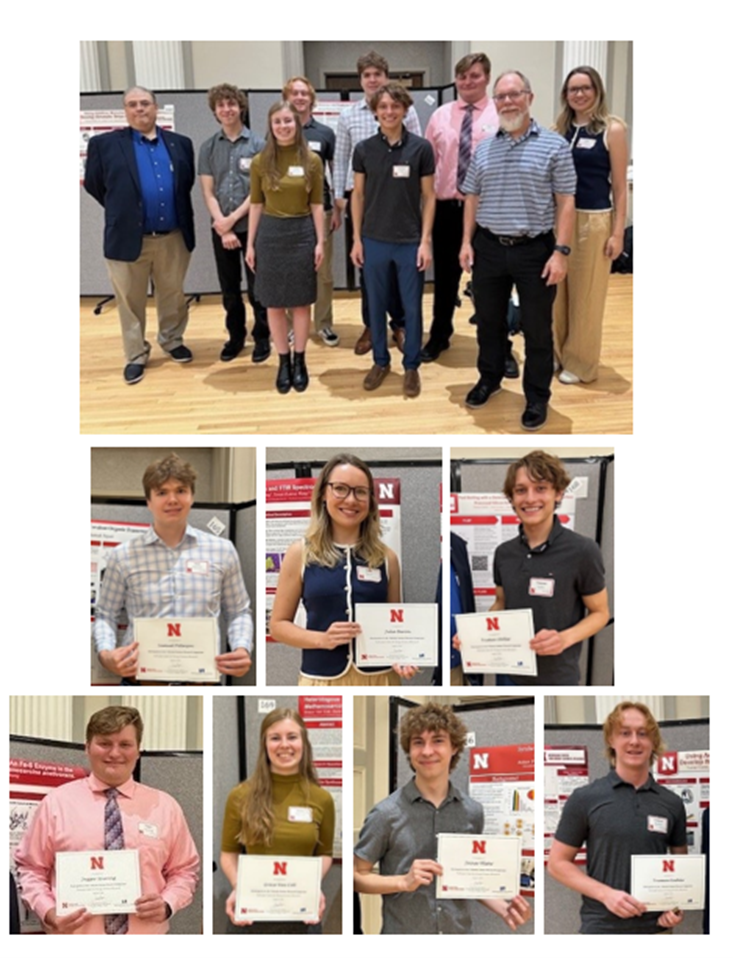 Top photo: Roman Estrada with NPPD and Mark Riley with the College of Engineering and NCESR enjoyed listening to the presentations at the Summer Research Symposium. Bottom photo: Individual photos of the Summer Interns at the Summer Research Symposium.