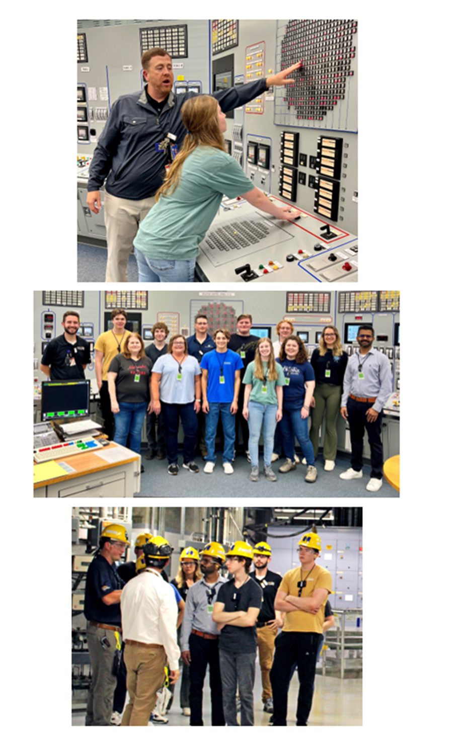 Photos: (Top) Grace Van Cott participating in a simulated demonstration; (Middle) Group photo of interns, UNL faculty, CNS staff and NCESR staff; (Bottom) Two groups getting information from their tour guides.