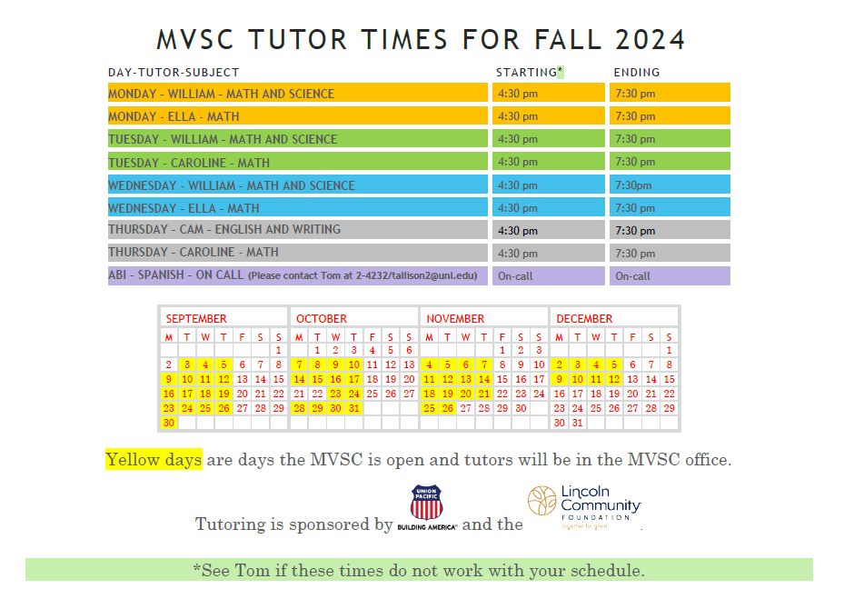 MVSC Tutor Times