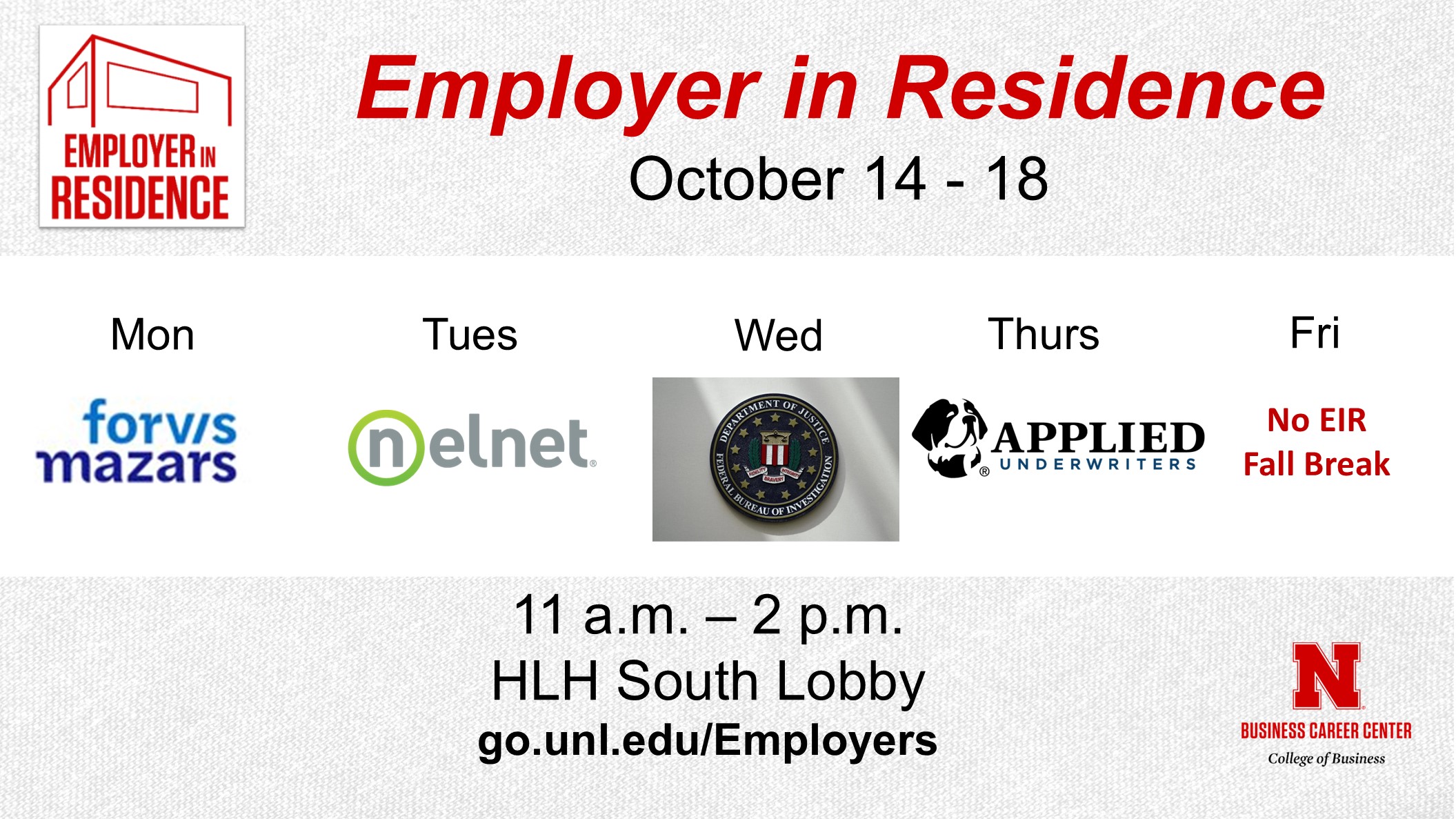 Employer in Residence | Schedule for October 14 - 18