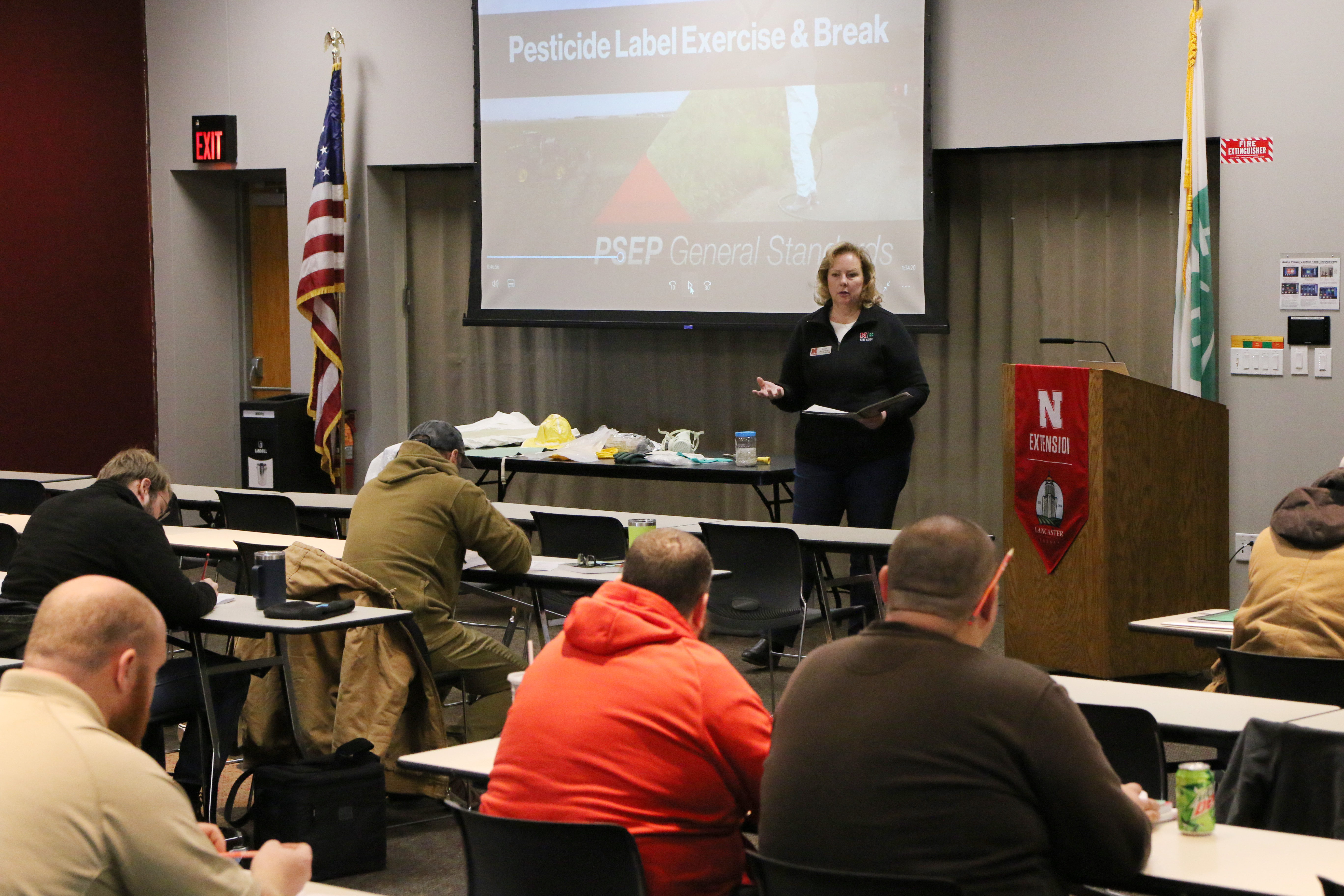 Extension Educator Sarah Browning presenting at a commercial/noncommerical pesticide training class.