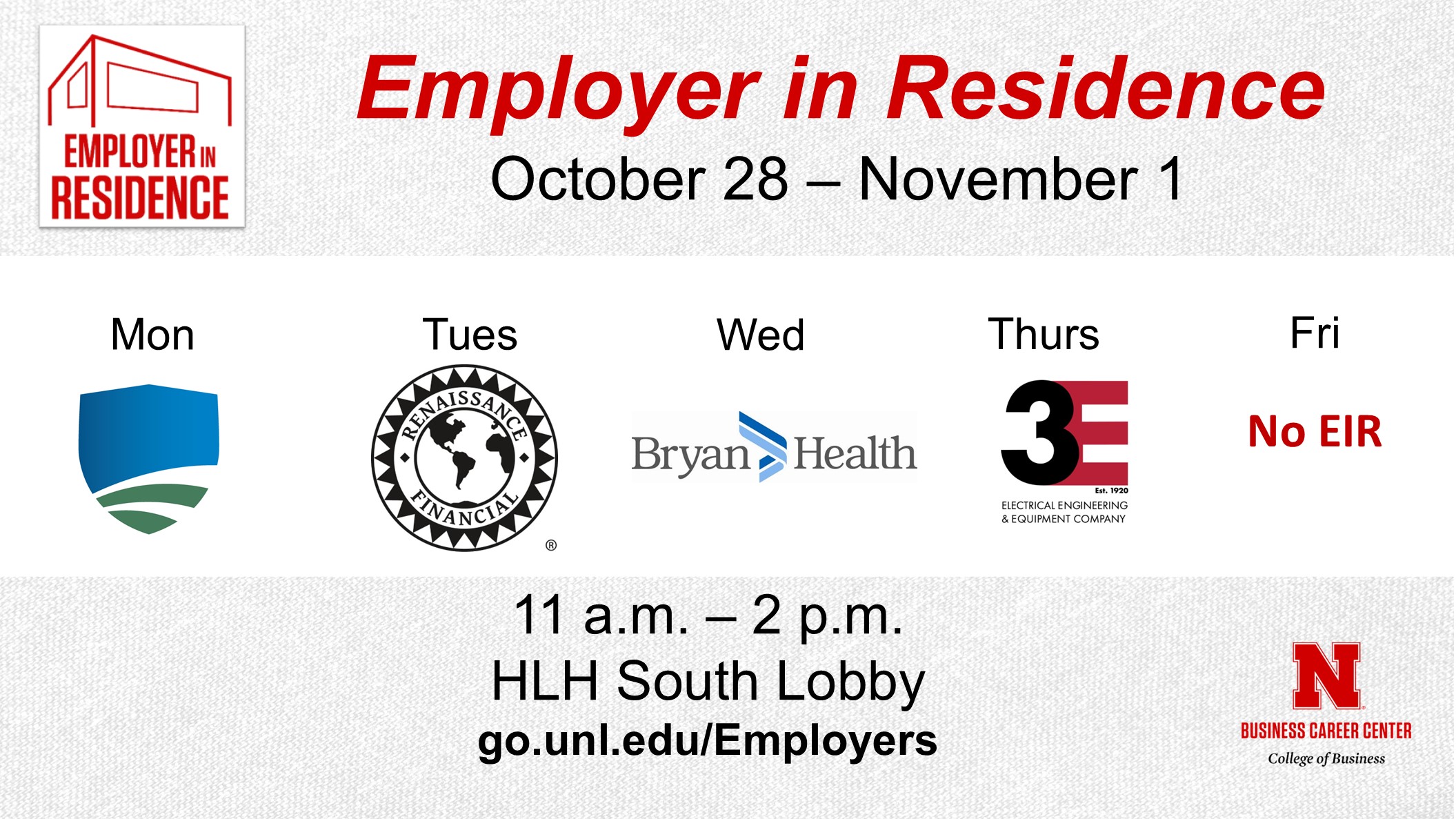 Employer in Residence | Schedule for October 28 - November 1