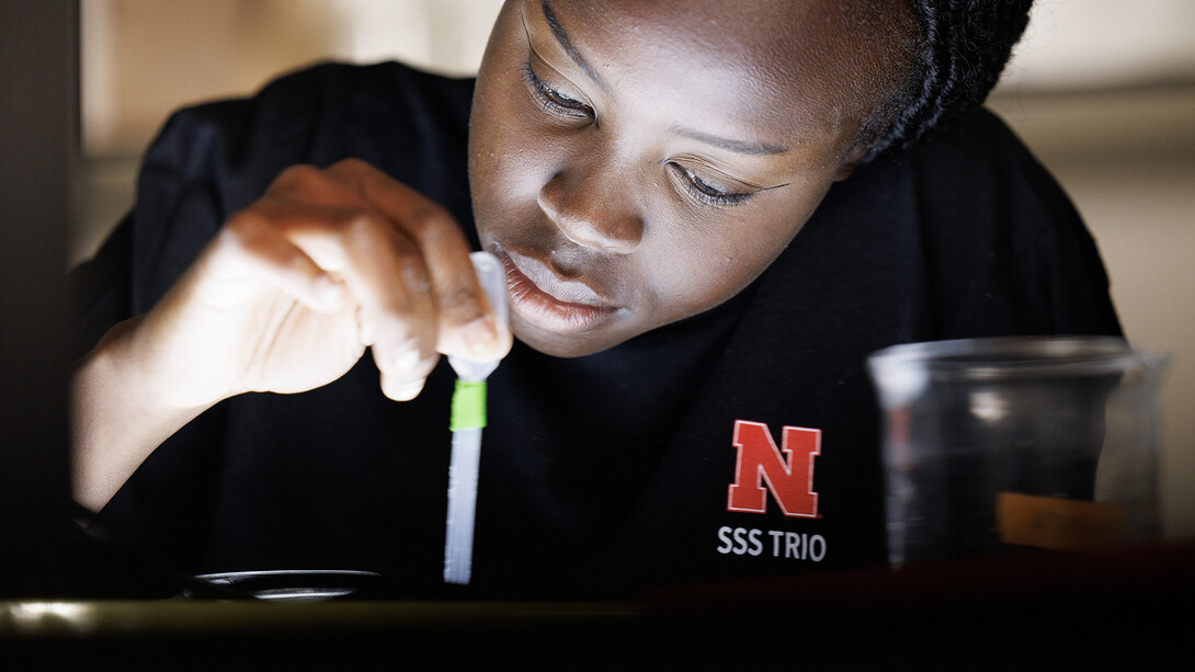 Riada Riyangow uses a pipette while learning about biological sciences research in a Manter Hall lab. The global impact of Nebraska’s research continues to make impacts as 135 Husker scientists are included on Stanford/Elsevier Top 2% Scientists List.