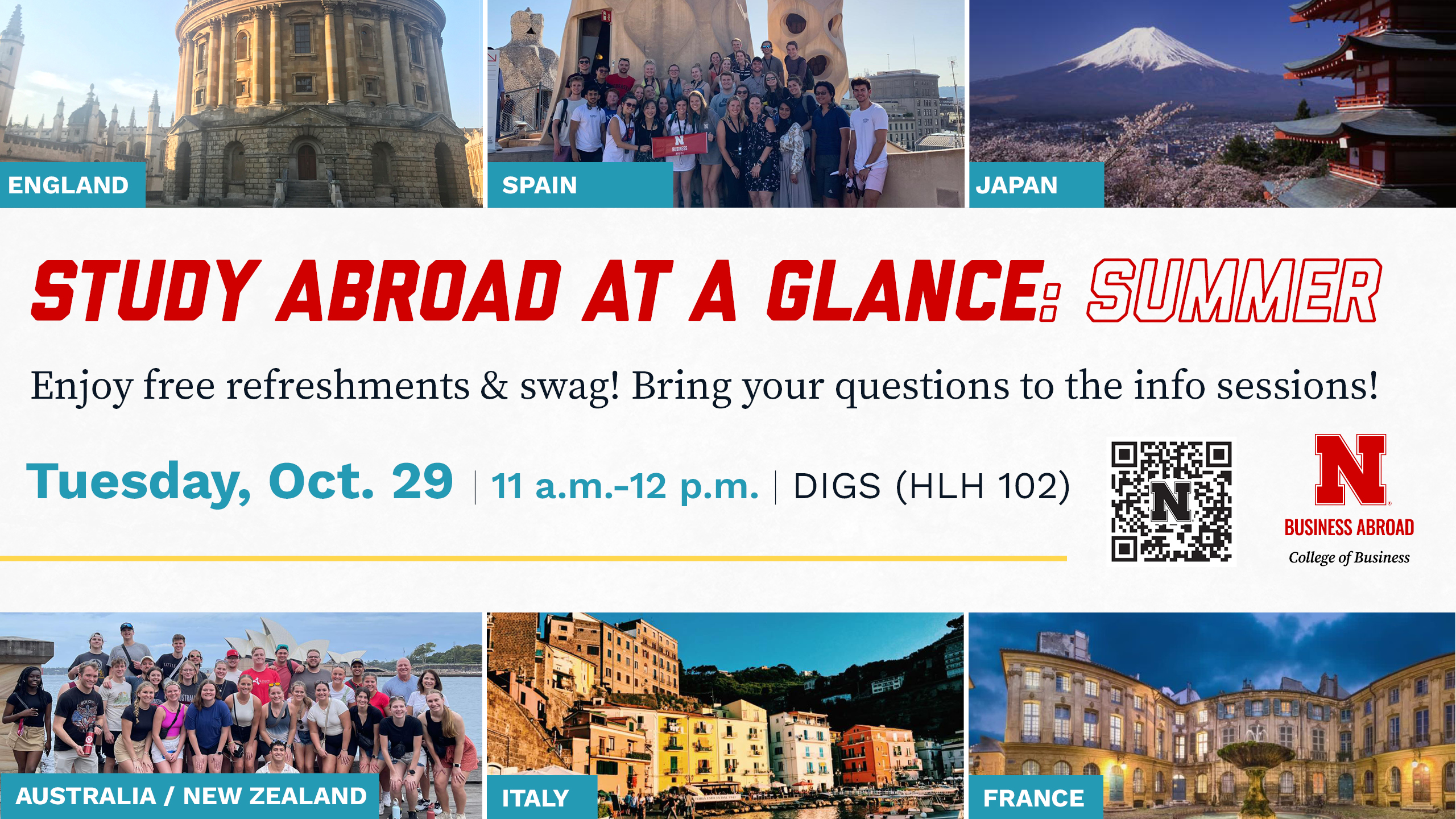 Study Abroad at a Glance: Summer | Tuesday October 29 | 11 a.m. - 12 p.m. | DIGS (HLH 102).