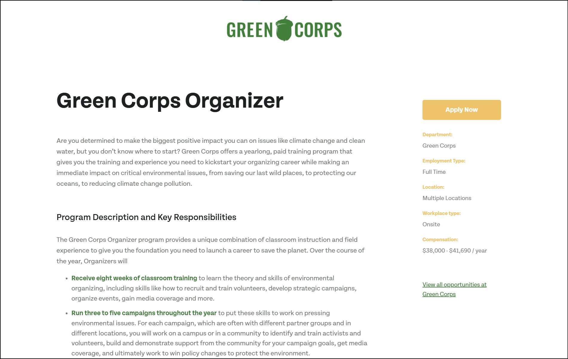 Green Corps Organizer Program - The Field School for Environmental Organizing