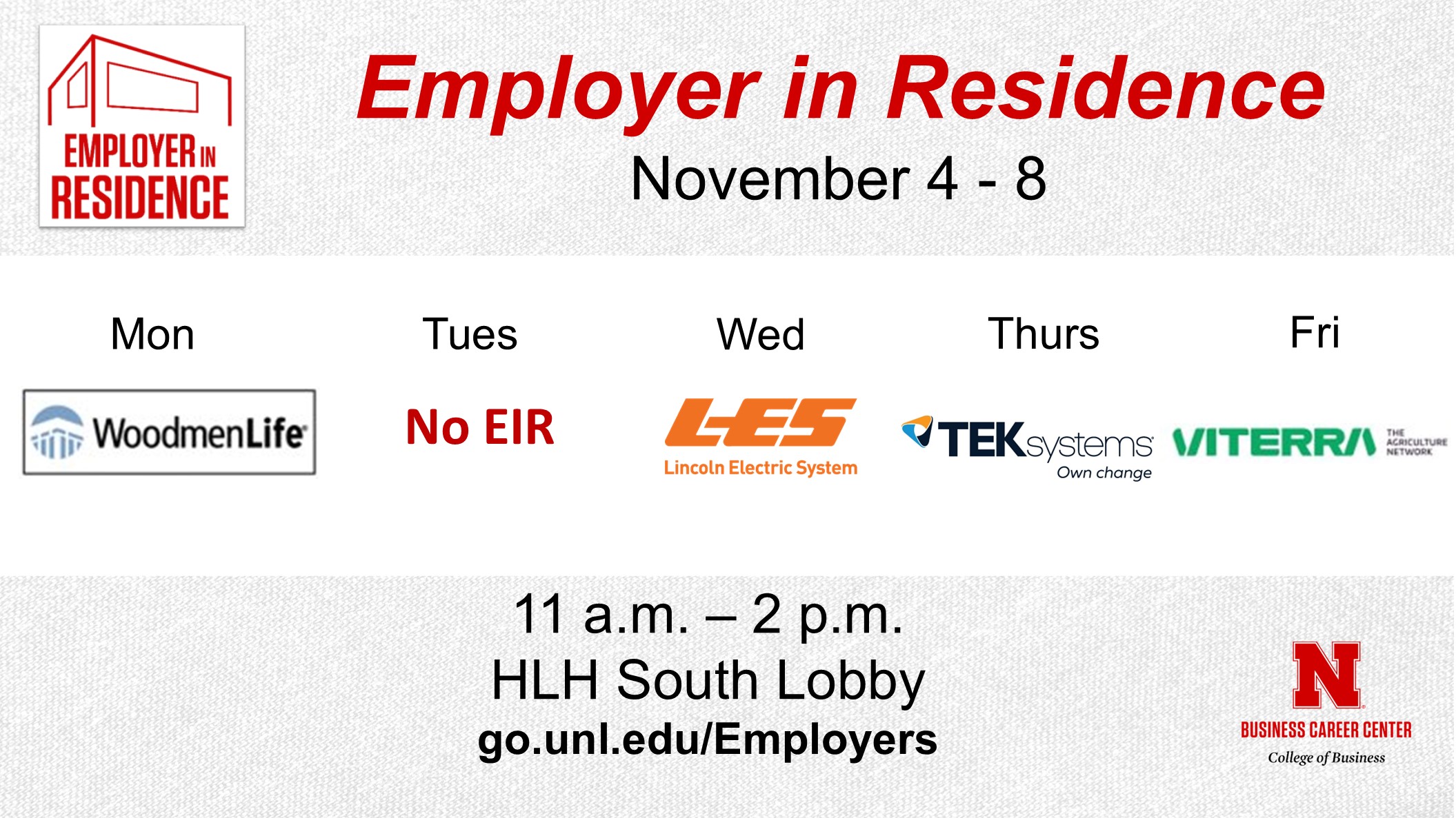 Employer in Residence | Schedule for November 4 - 8