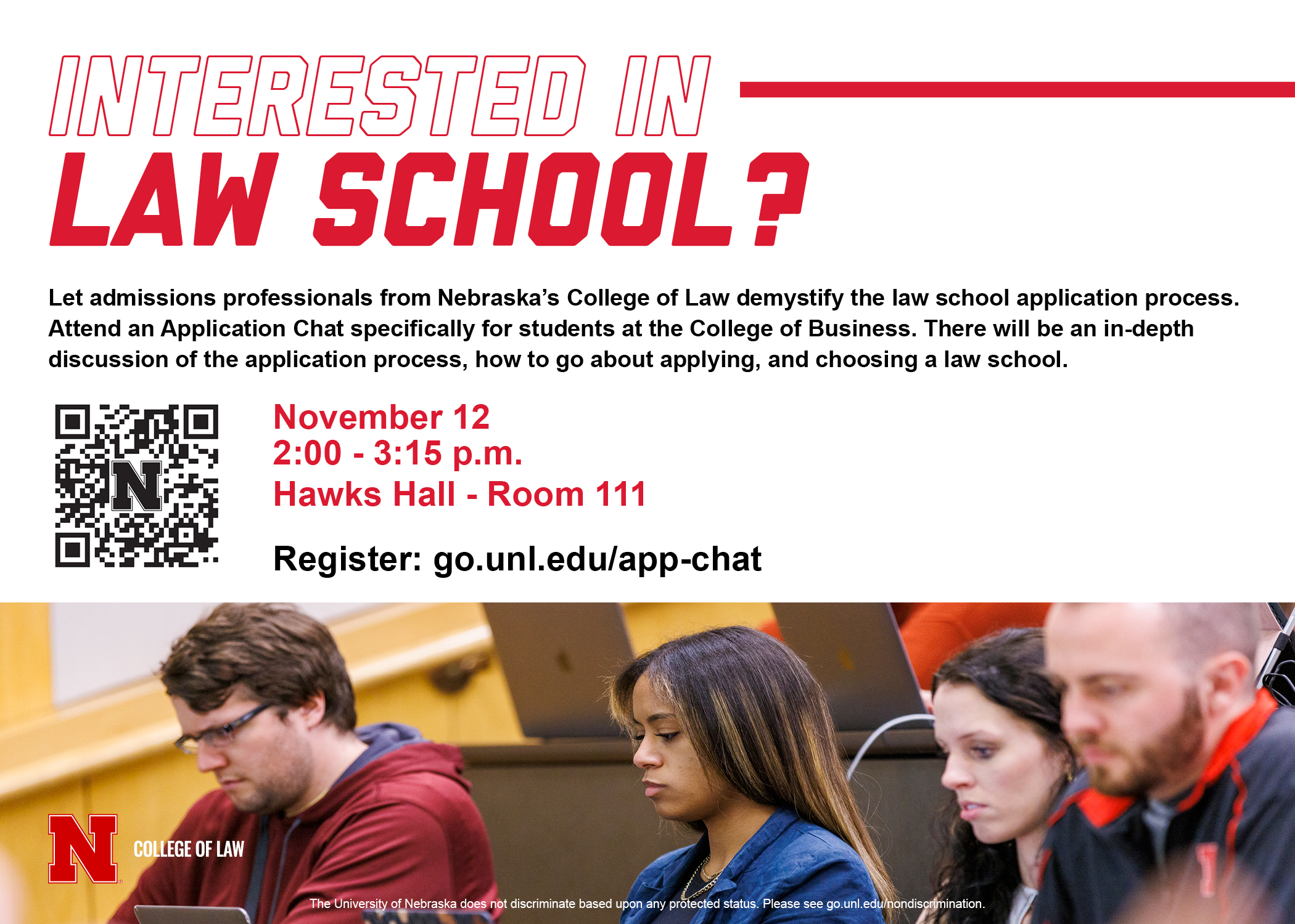 Attend an Application Chat specifically for students at the College of Business on November 12 from 2-3 p.m. in HLH 111