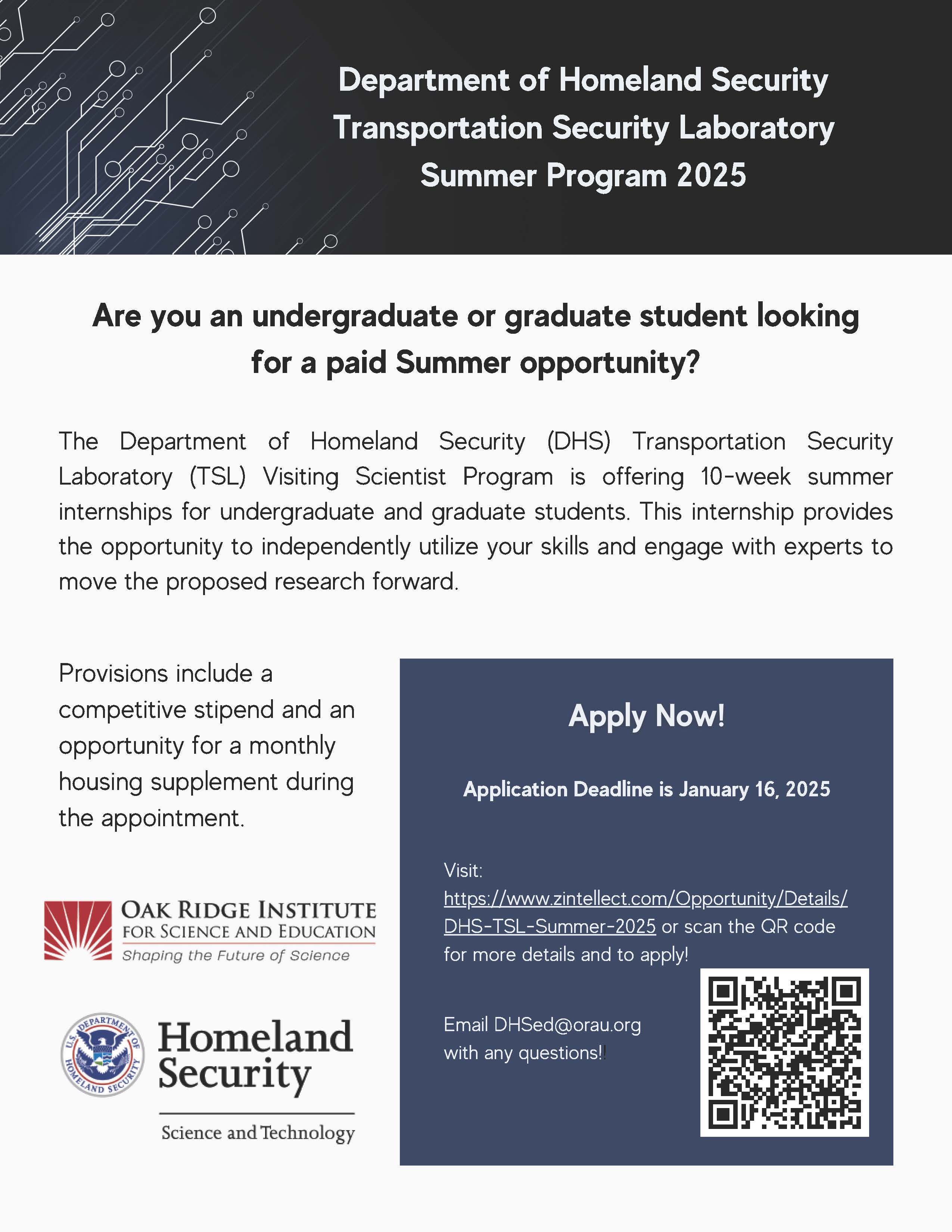 Apply Now! Summer 2025 Appointment with Department of Homeland Security Transportation Security Laboratory Now Accepting Applications!