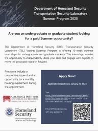 Apply Now! Summer 2025 Appointment with Department of Homeland Security Transportation Security Laboratory Now Accepting Applications!