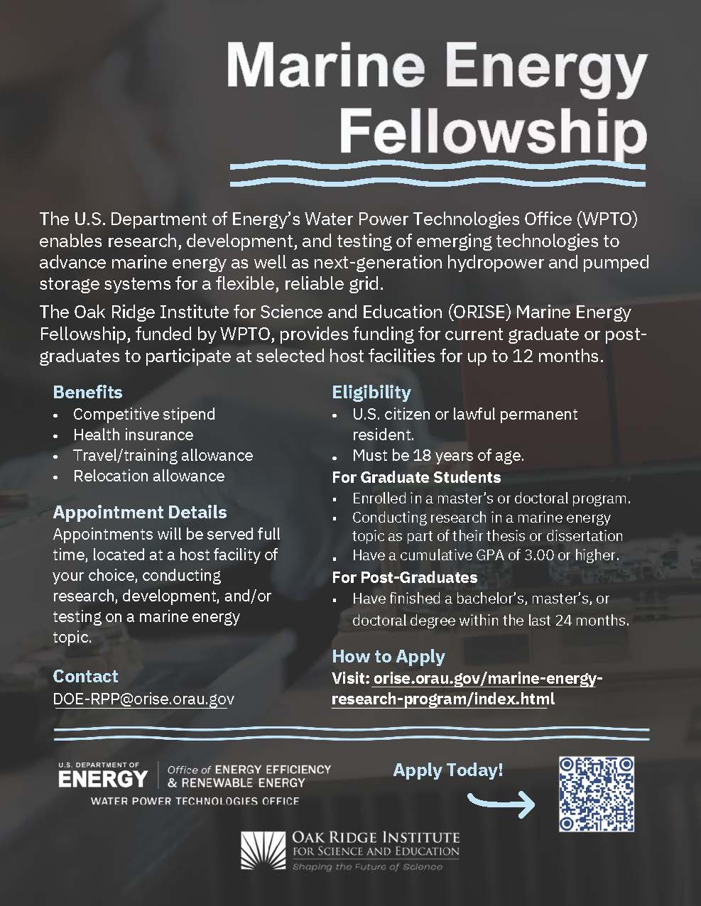 Apply Today! Marine Energy Graduate Student Research Program with U.S. Dept of Energy