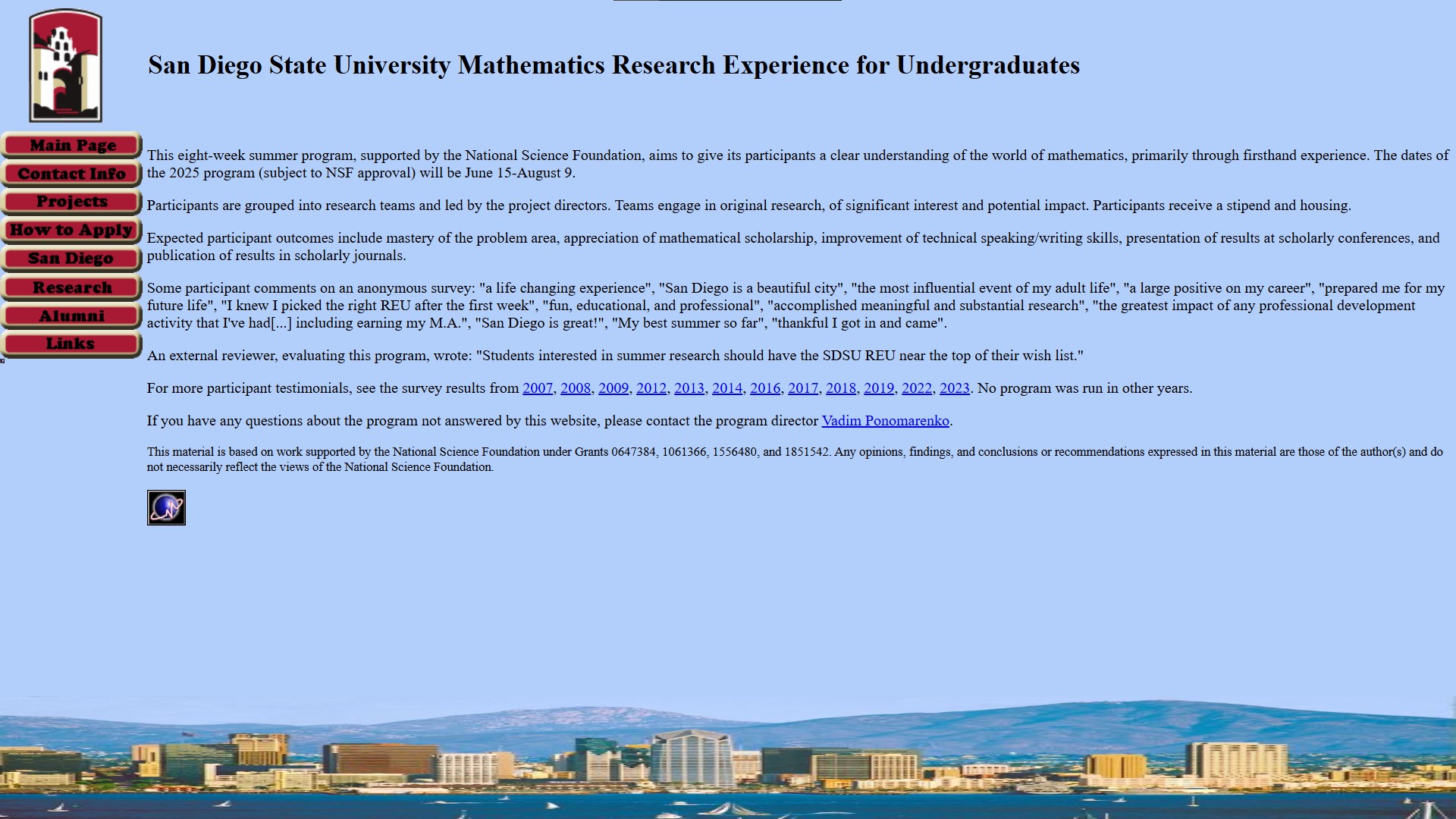 San Diego State University Mathematics Research Experience for Undergraduates