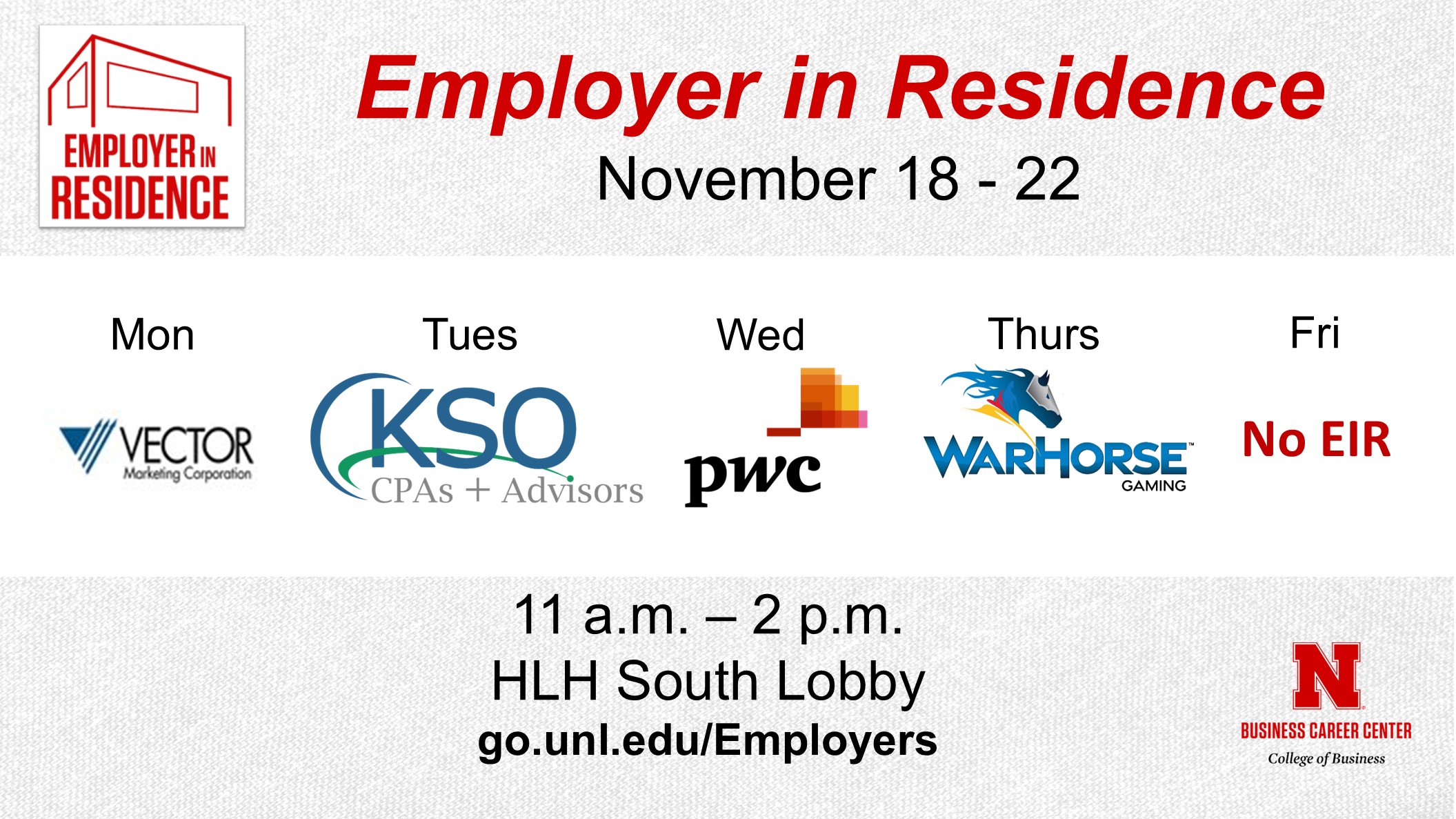 Employer in Residence | Schedule for November 18 - 22