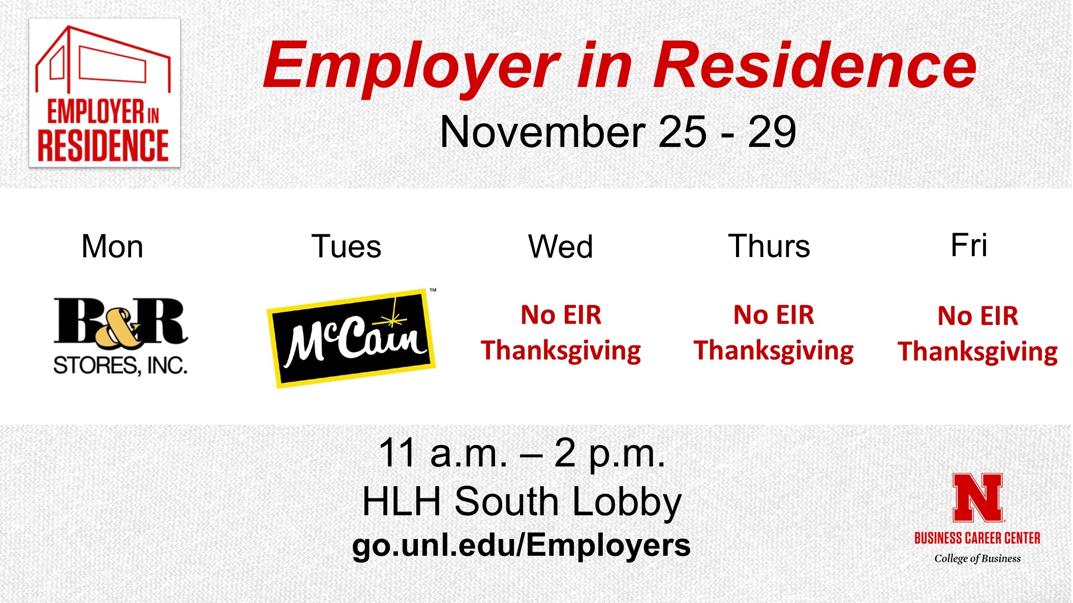 Employer in Residence | Schedule for November 25 - 29