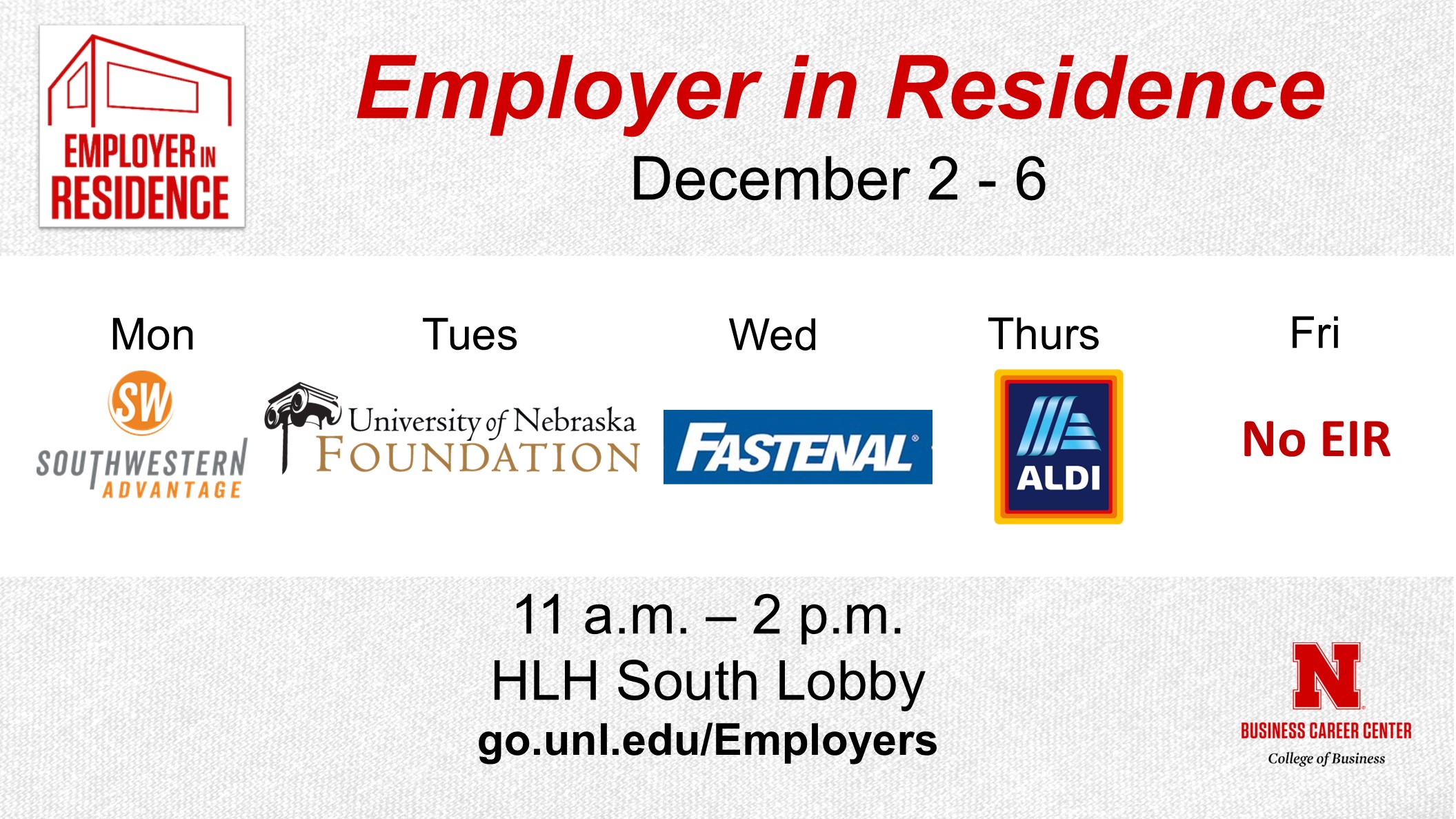 Check out the Employer in Residence booth for the last week before Holiday Break!