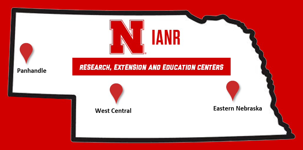 Nebraska map outlining the location of the 3 research, extension and education centers