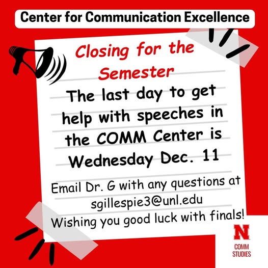 Center for Communication Excellence announcement of closing for semester after December 11