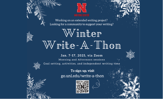 A flyer advertising the Writing Center's Winter Write-a-thon on January 7-17, 2025, via Zoom