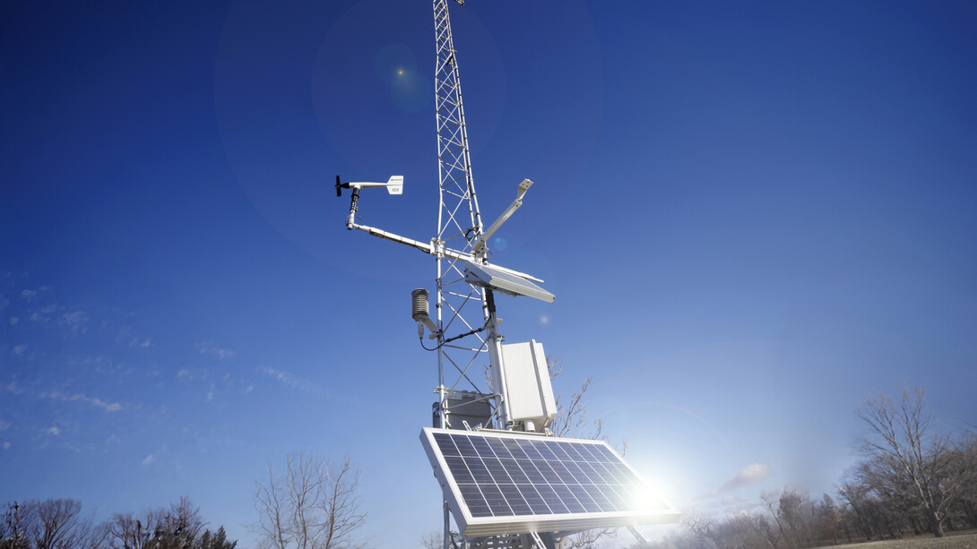 A Nebraska Mesonet station stands on the University of Nebraska–Lincoln’s East Campus. Photo by Craig Chandler | University Communication and Marketing